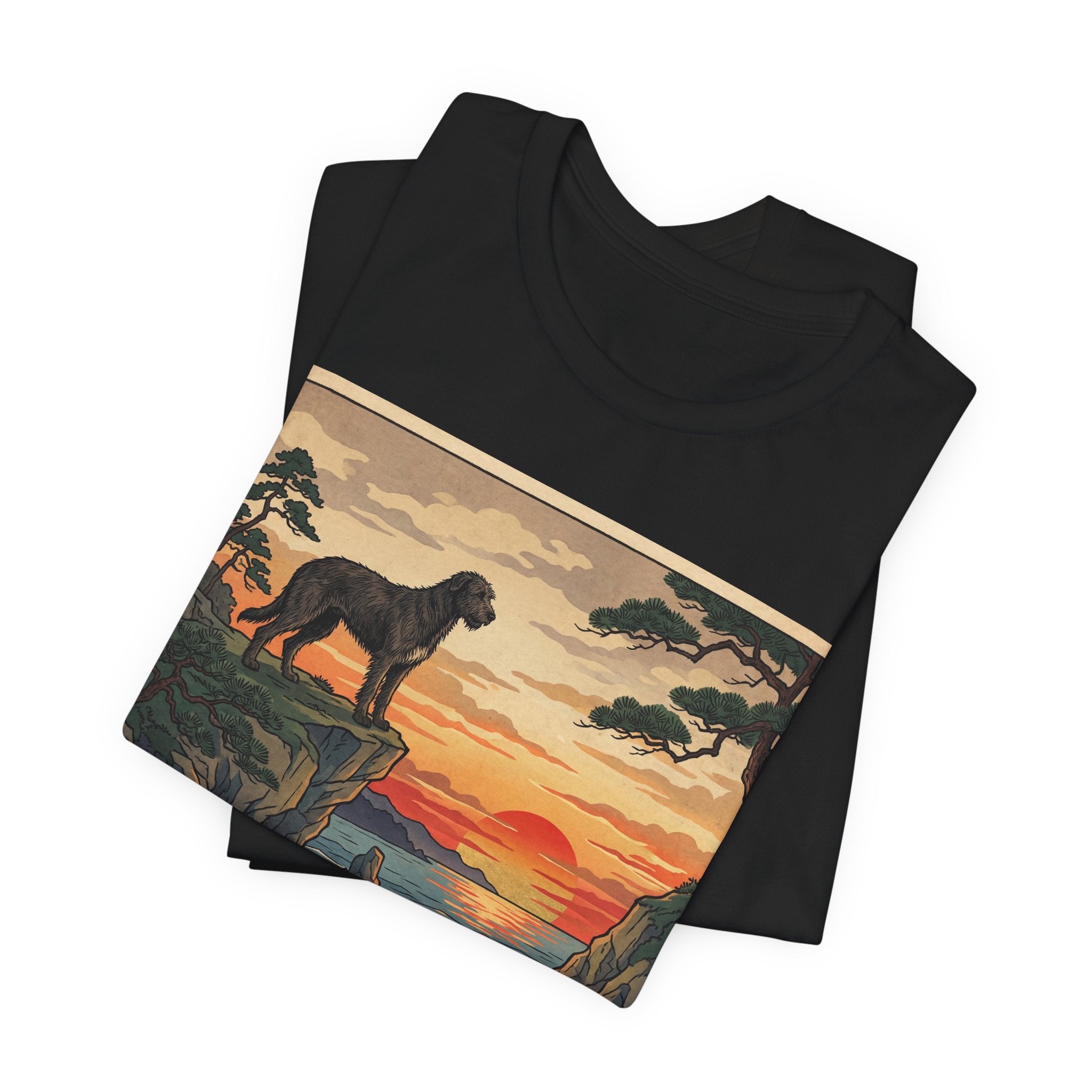 Ukiyo-e Irish Wolfhound T-Shirt — Coastal Sunset Cliffs Art Print