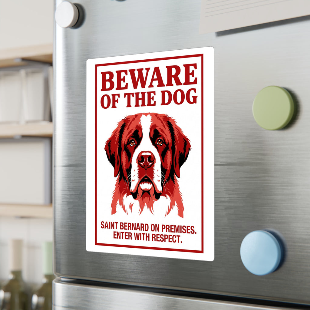 Beware of Saint Bernard Sign – Red & White Portrait Outdoor Vinyl Decal – lifestyle view