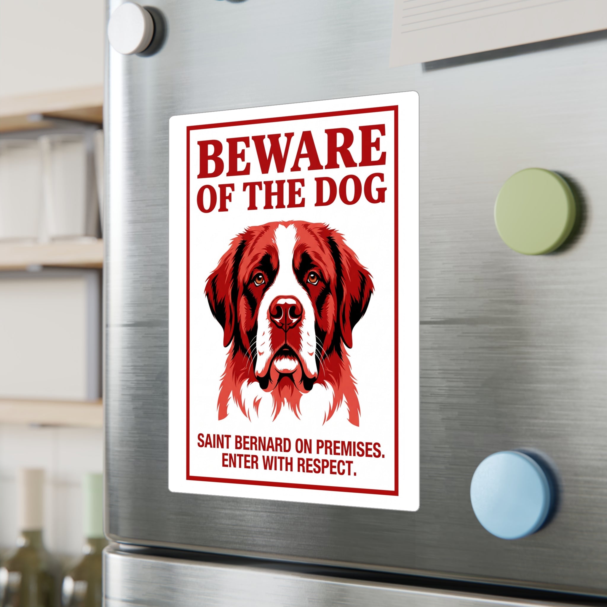Beware of Saint Bernard Sign – Red & White Portrait Outdoor Vinyl Decal – lifestyle view