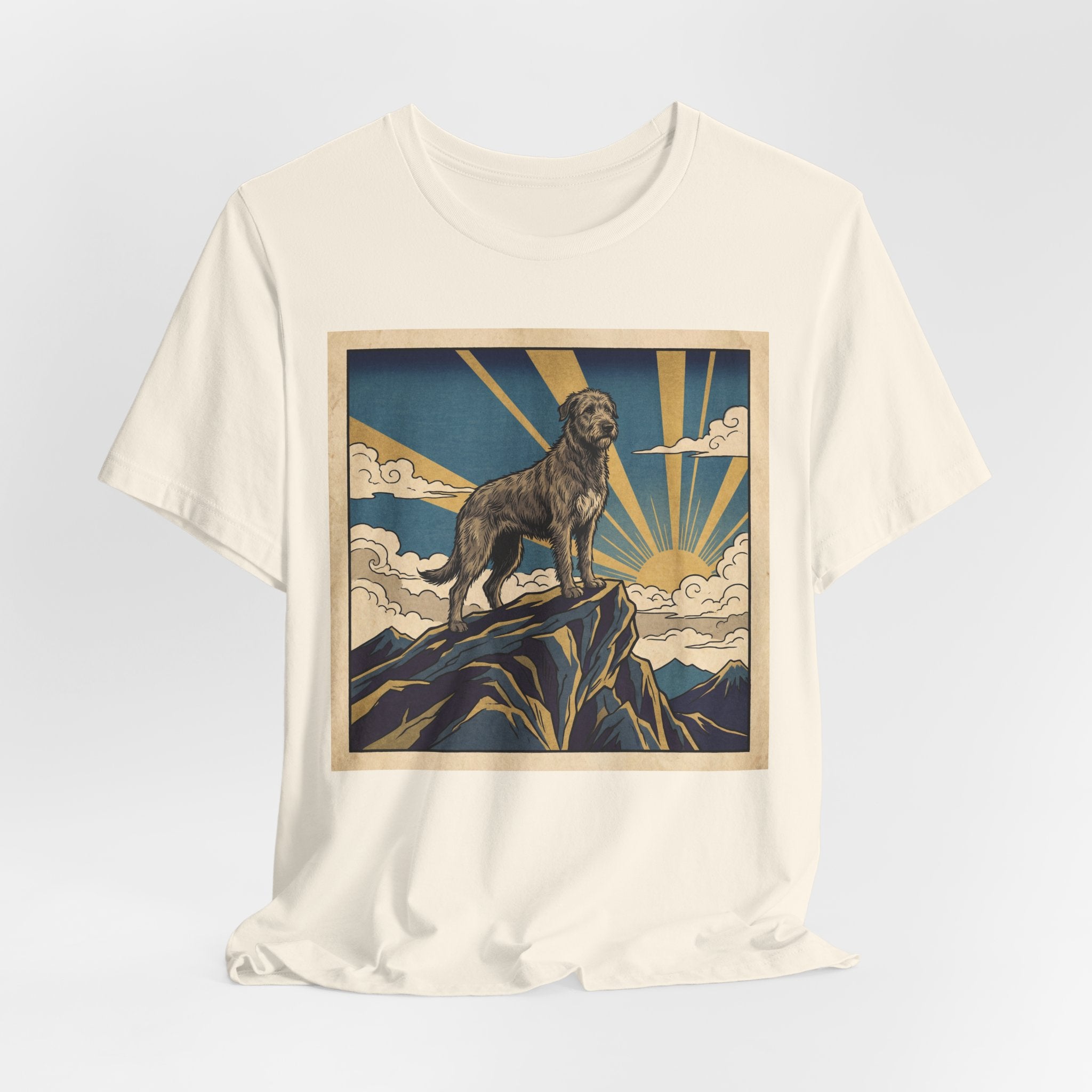 Woodblock Print Irish Wolfhound T-Shirt — Golden Sunburst Summit Art Print