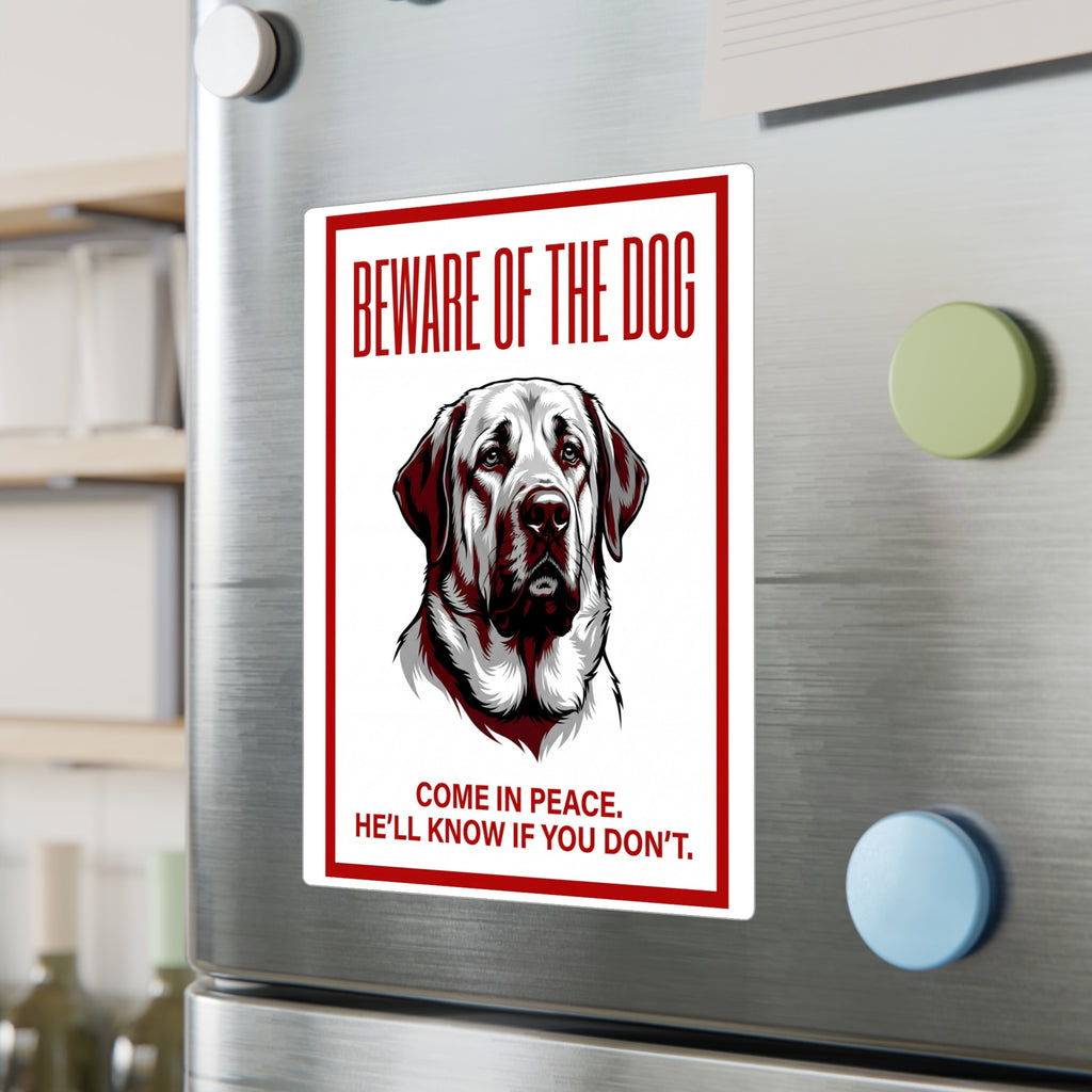Beware of Mastiff Sign – Red Black Portrait Outdoor Vinyl Decal – lifestyle view