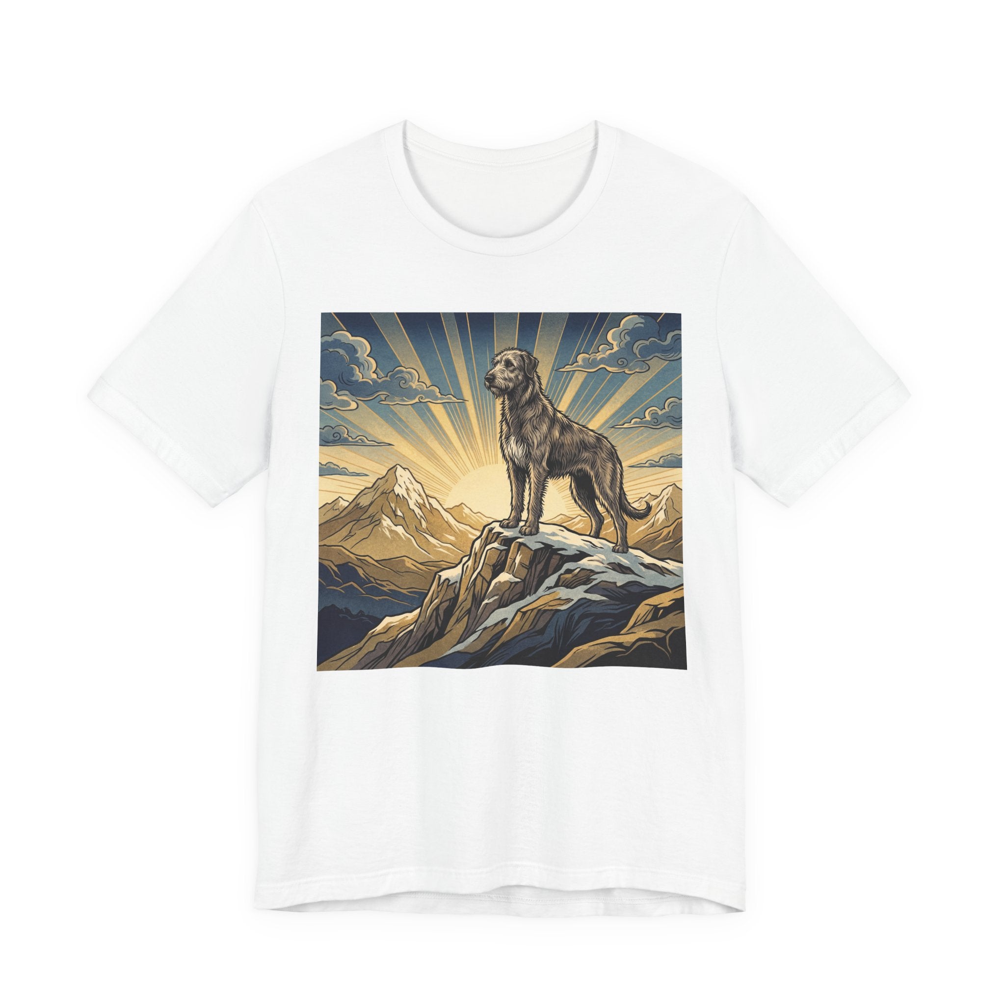 Woodcut Irish Wolfhound T-Shirt — Mountain Sunrise Rays Art Print
