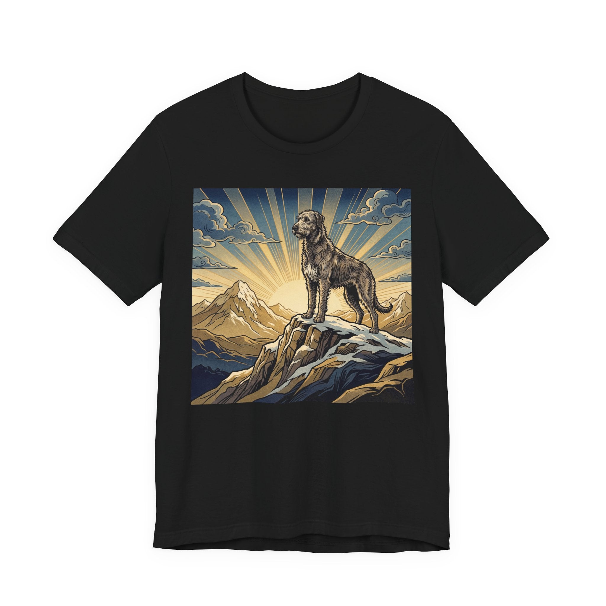 Woodcut Irish Wolfhound T-Shirt — Mountain Sunrise Rays Art Print