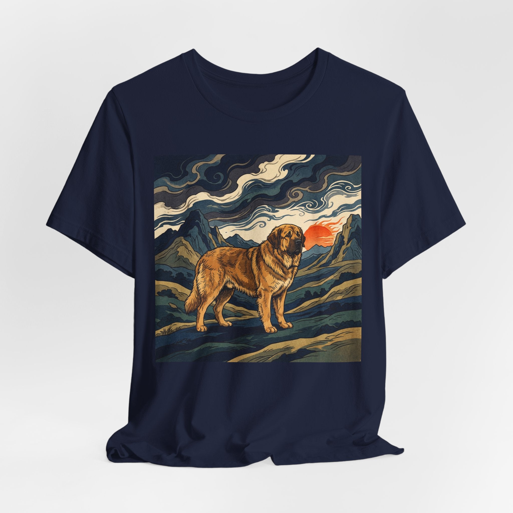 Woodblock Print Spanish Mastiff T-Shirt — Mountain Sunset Swirls Art Print