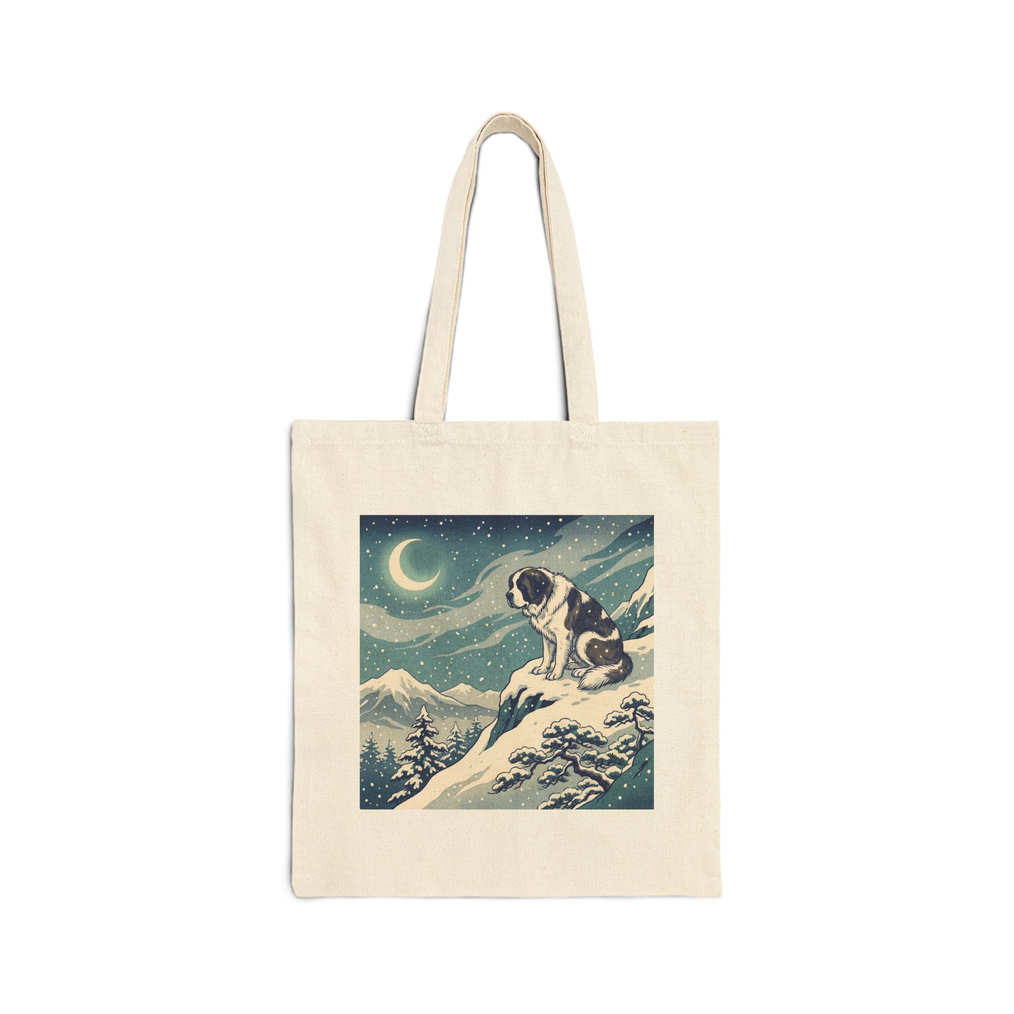 Hiroshige-Style Saint Bernard Tote Bag – Crescent Moon Snow Art Print – side view