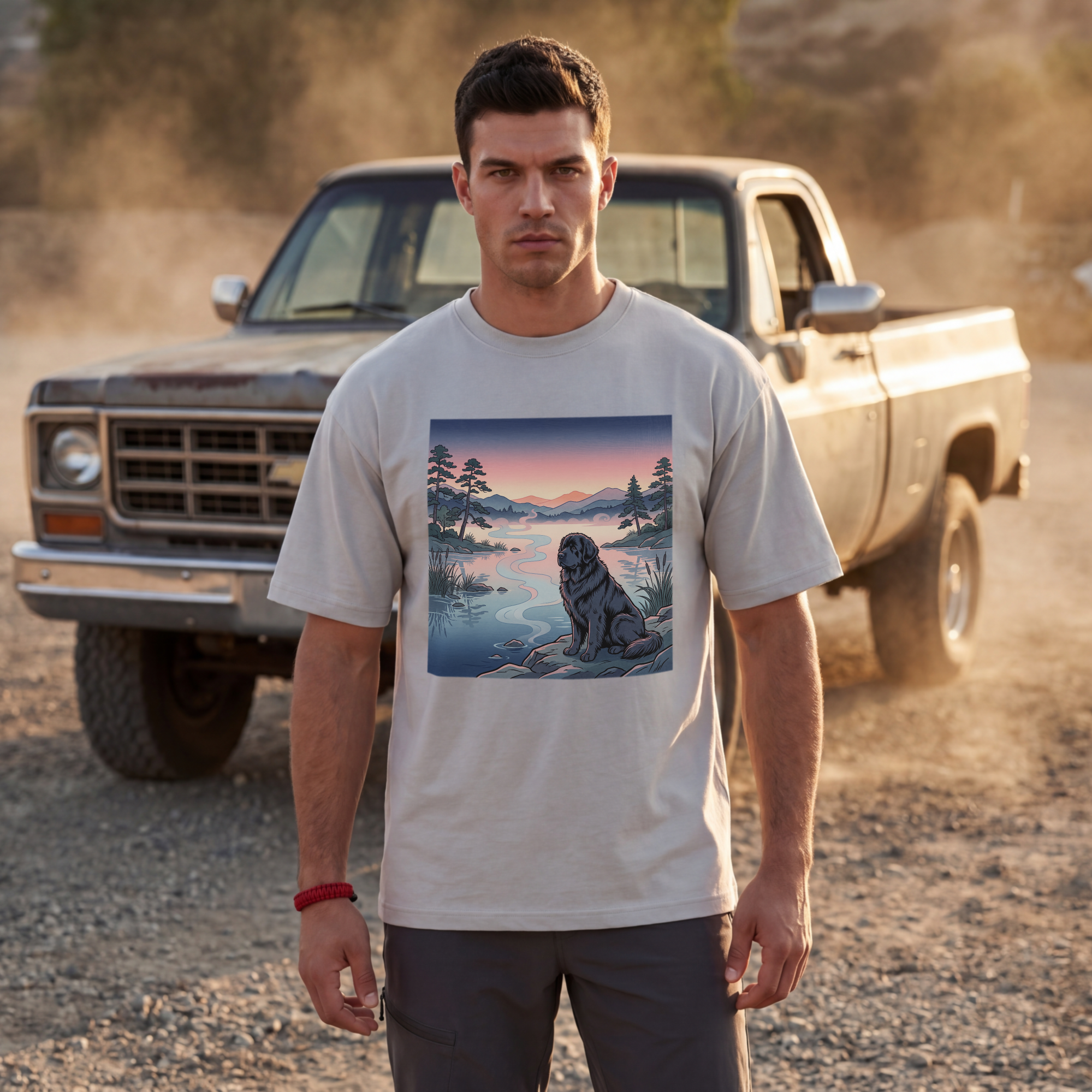 Hiroshige Style Newfoundland T-Shirt — Twilight Lake Mist Art Print