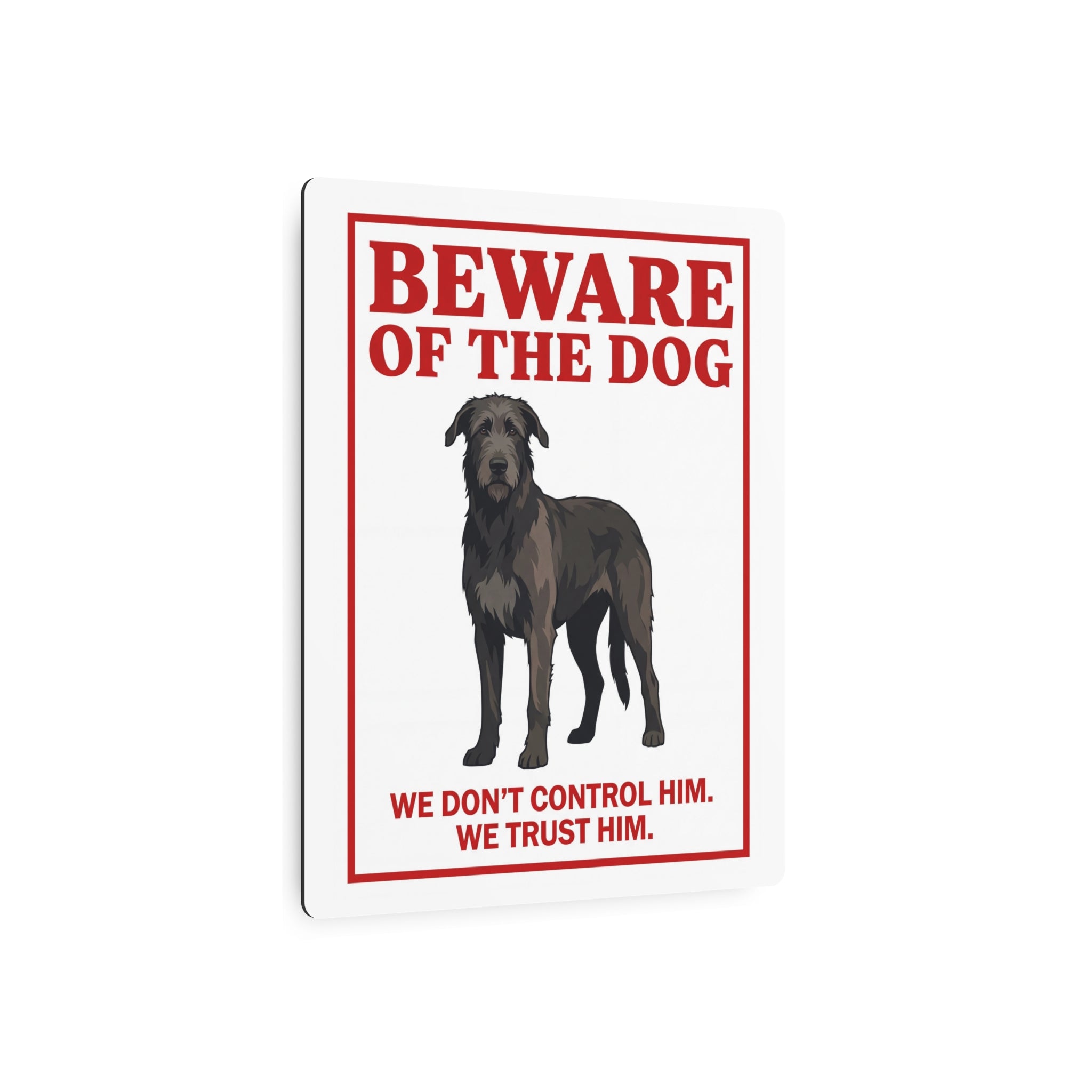 Beware of Irish Wolfhound Metal Sign – Standing Full Body Aluminum Wall Sign – lifestyle view