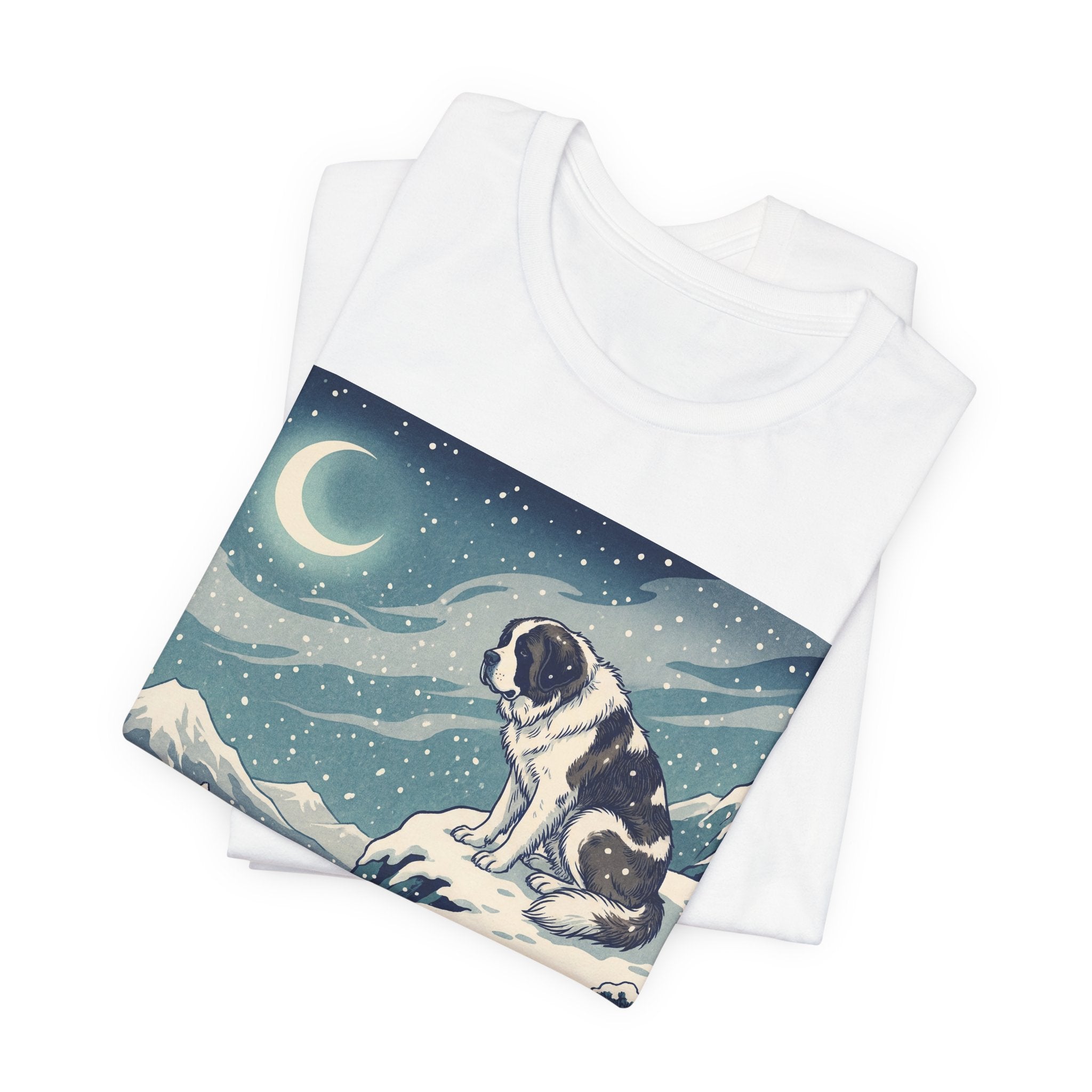 Hiroshige Style Saint Bernard T-Shirt — Snowy Moonlit Summit Art Print