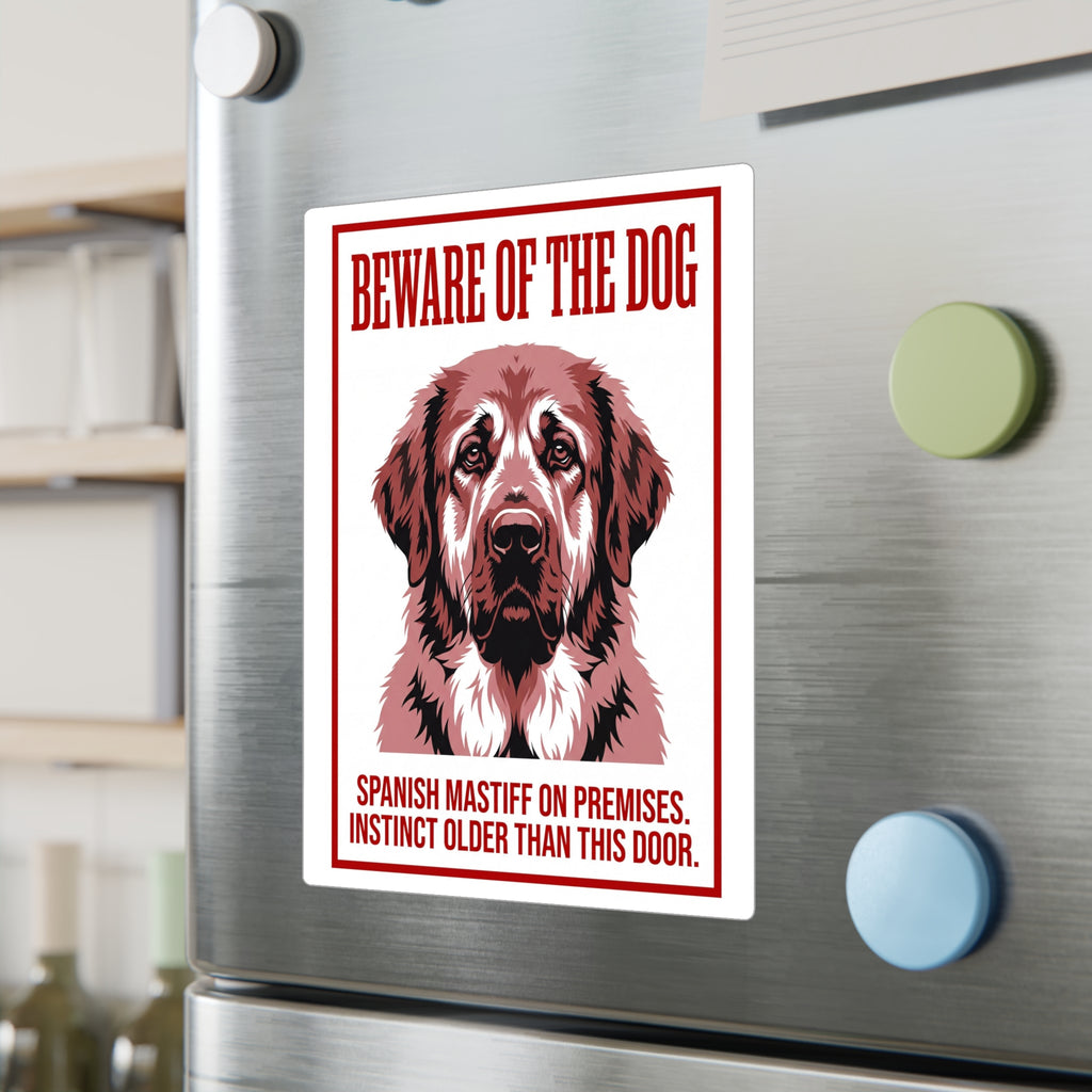 Beware of Spanish Mastiff Sign – Bold Red Portrait Outdoor Vinyl Decal – lifestyle view