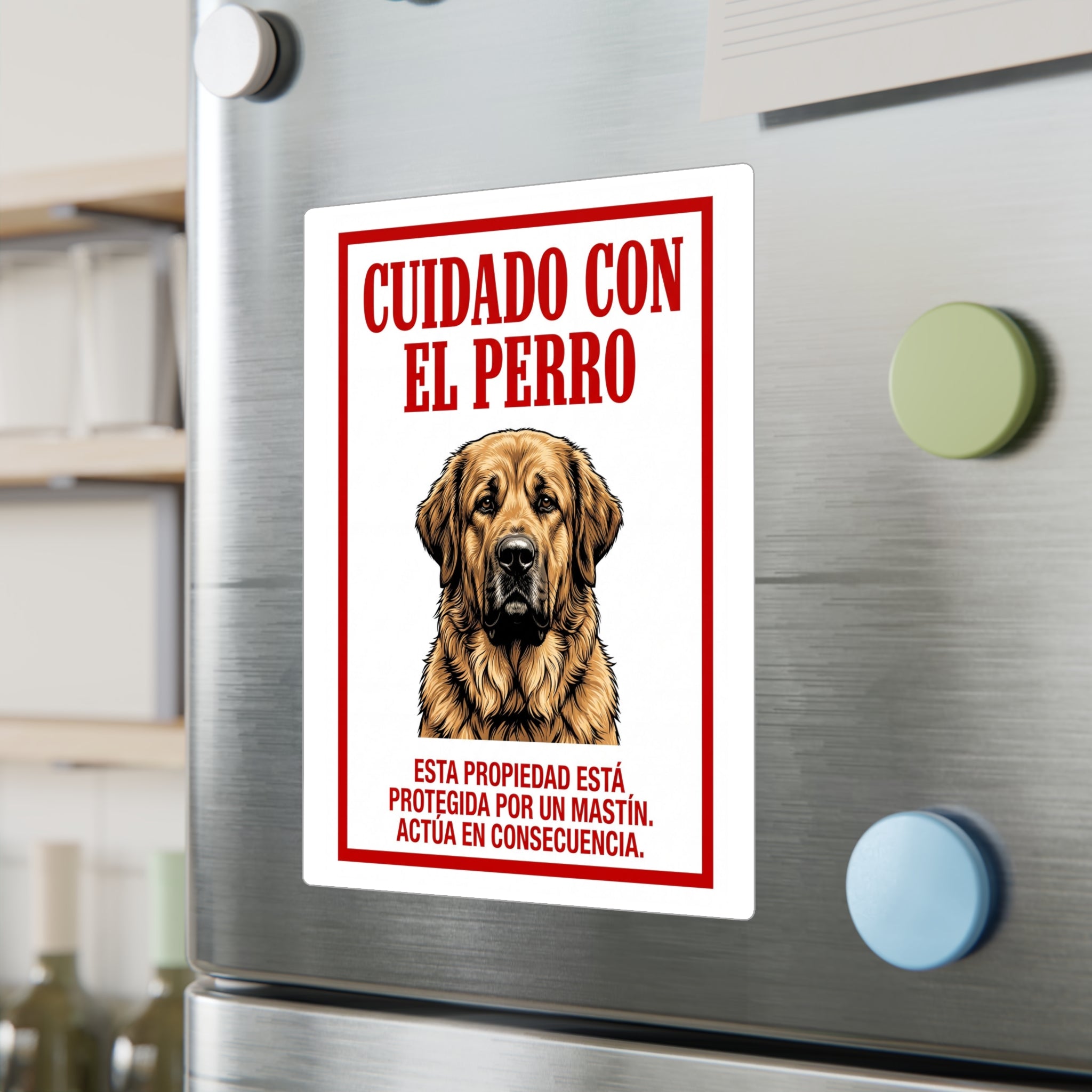 Beware of Spanish Mastiff Sign – Red Border Warning Outdoor Vinyl Decal – lifestyle view