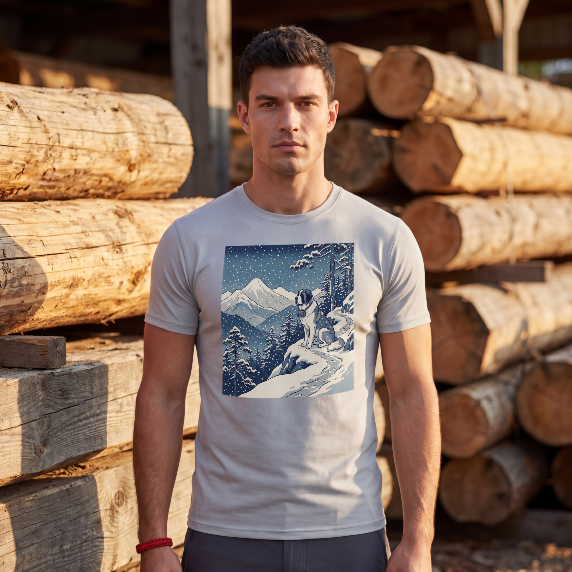 Hiroshige Style Saint Bernard T-Shirt — Snowy Mountain Trail Art Print