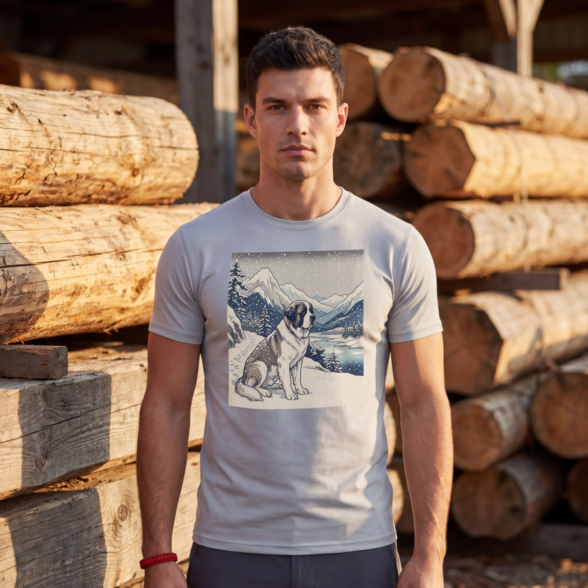 Hiroshige Style Saint Bernard T-Shirt — Snowy Mountain Blue Art Print