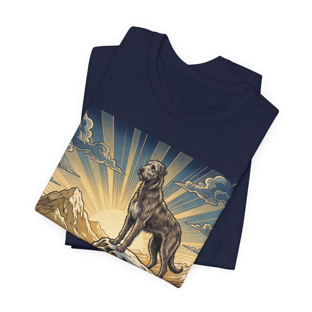 Woodcut Irish Wolfhound T-Shirt — Mountain Sunrise Rays Art Print