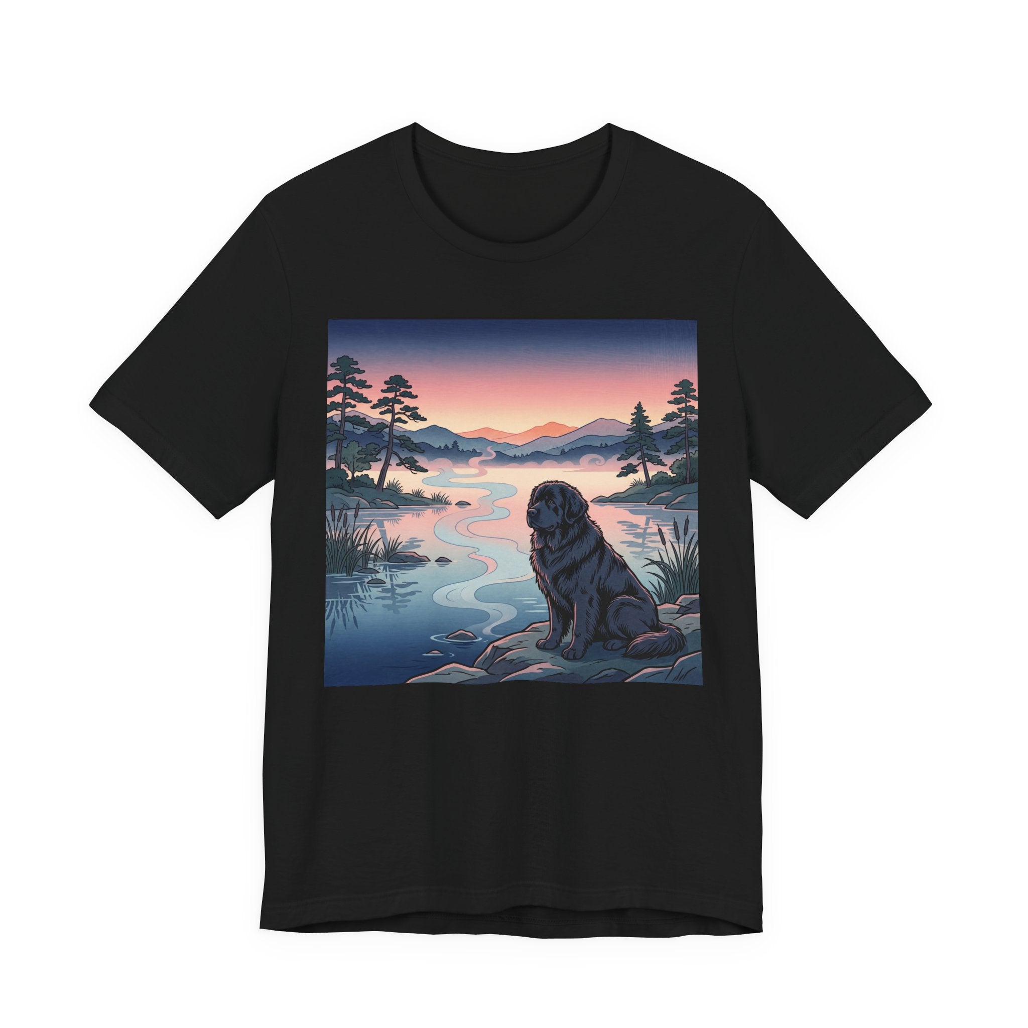 Hiroshige Style Newfoundland T-Shirt — Twilight Lake Mist Art Print
