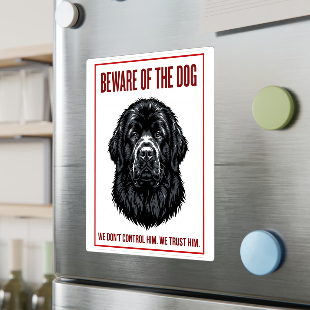 Beware of Newfoundland Sign – Black Portrait Red Border Outdoor Vinyl Decal – lifestyle view