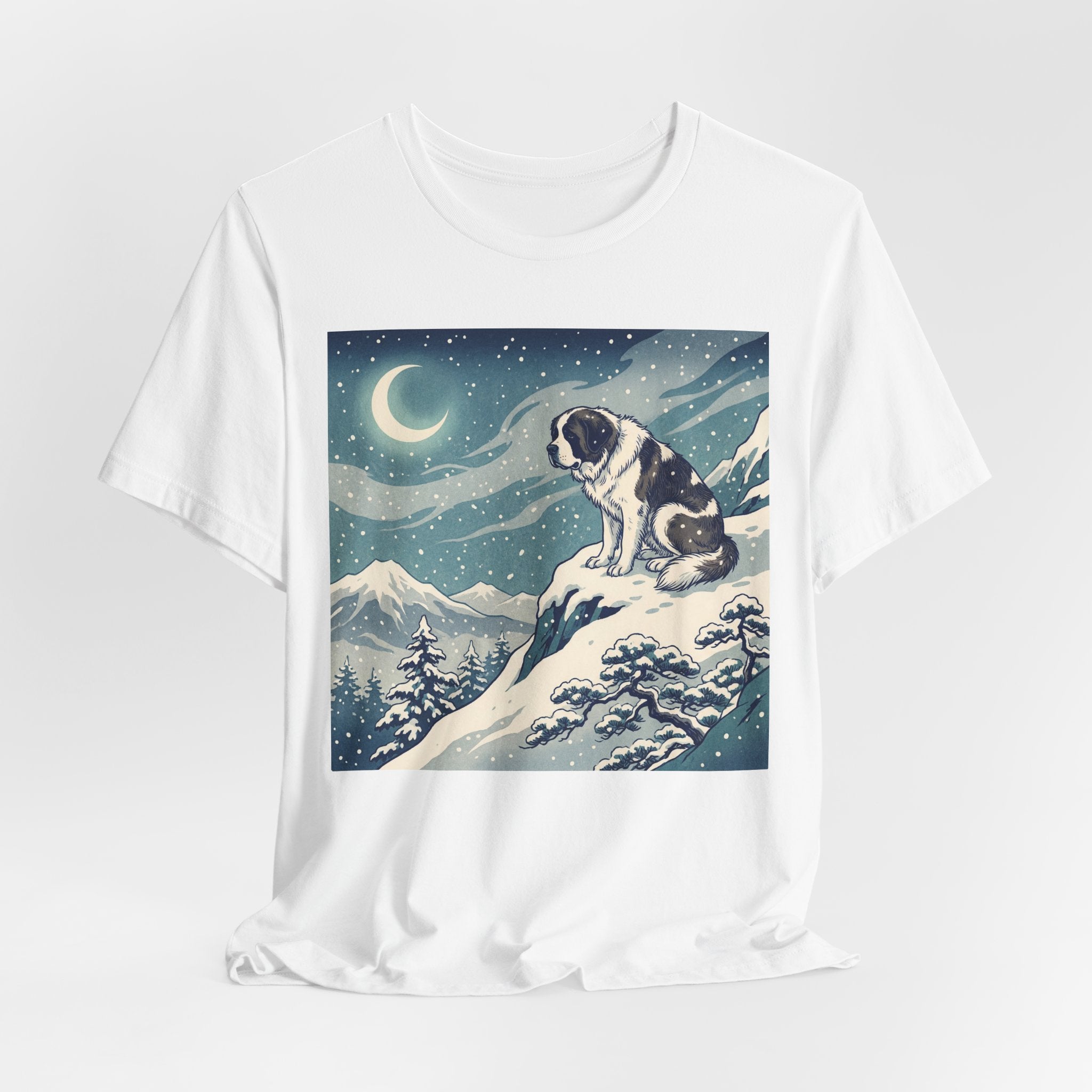 Hiroshige Style Saint Bernard T-Shirt — Snowy Moonlit Summit Art Print