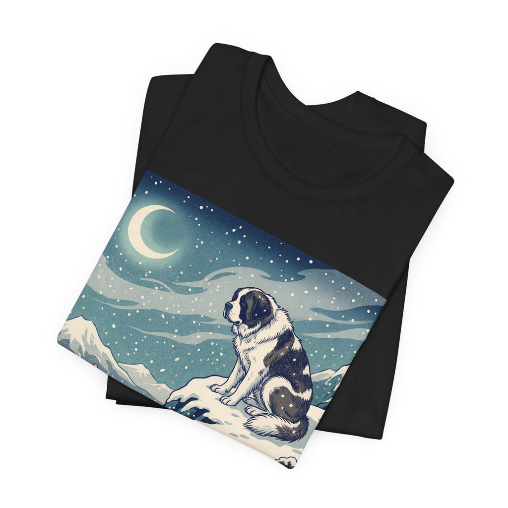 Hiroshige Style Saint Bernard T-Shirt — Snowy Moonlit Summit Art Print