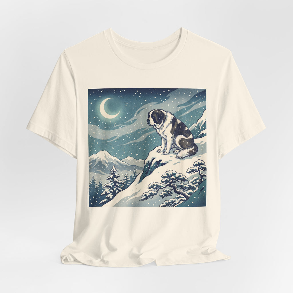 Hiroshige Style Saint Bernard T-Shirt — Snowy Moonlit Summit Art Print