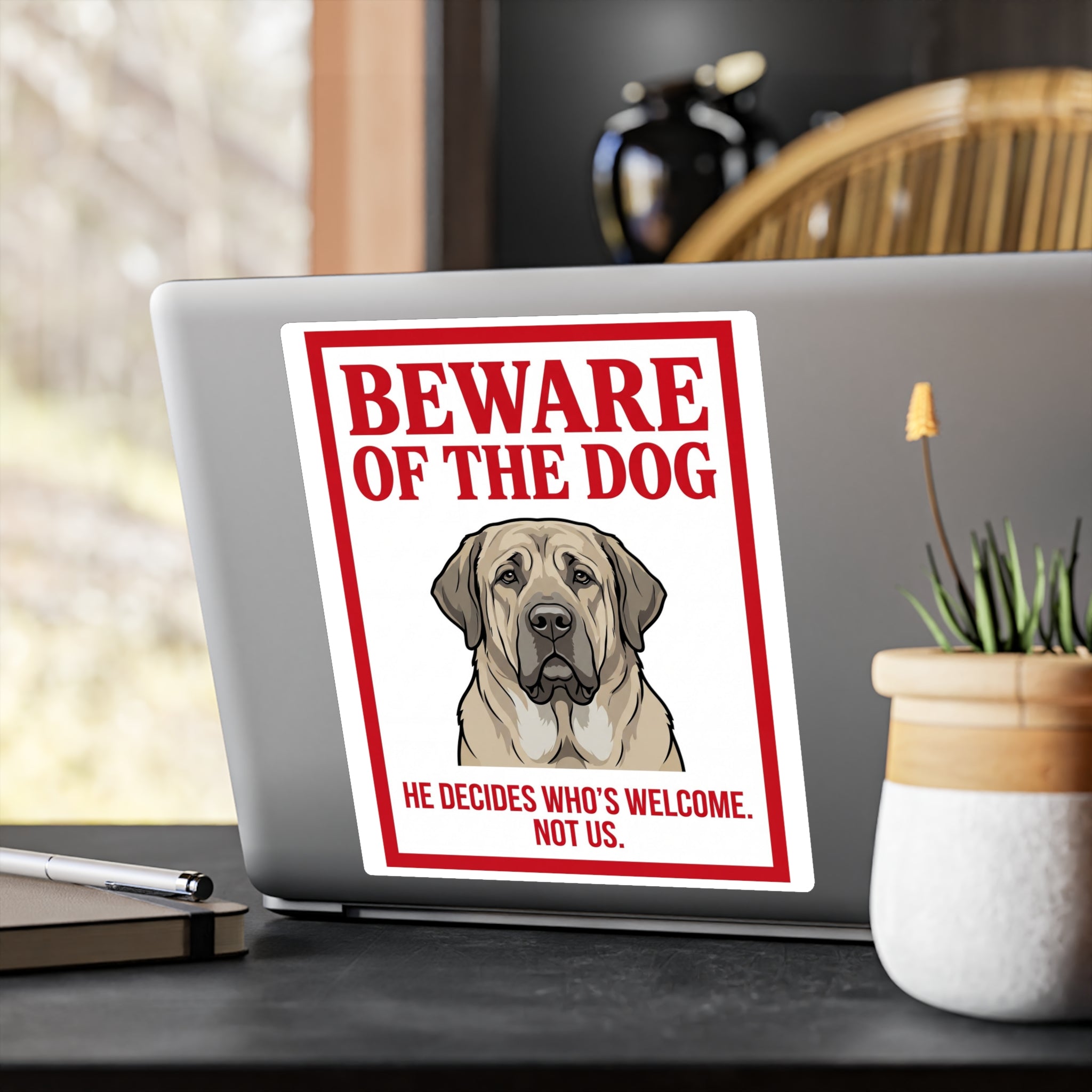 Beware of Mastiff Sign – Red Border Portrait Outdoor Vinyl Decal – alternate view