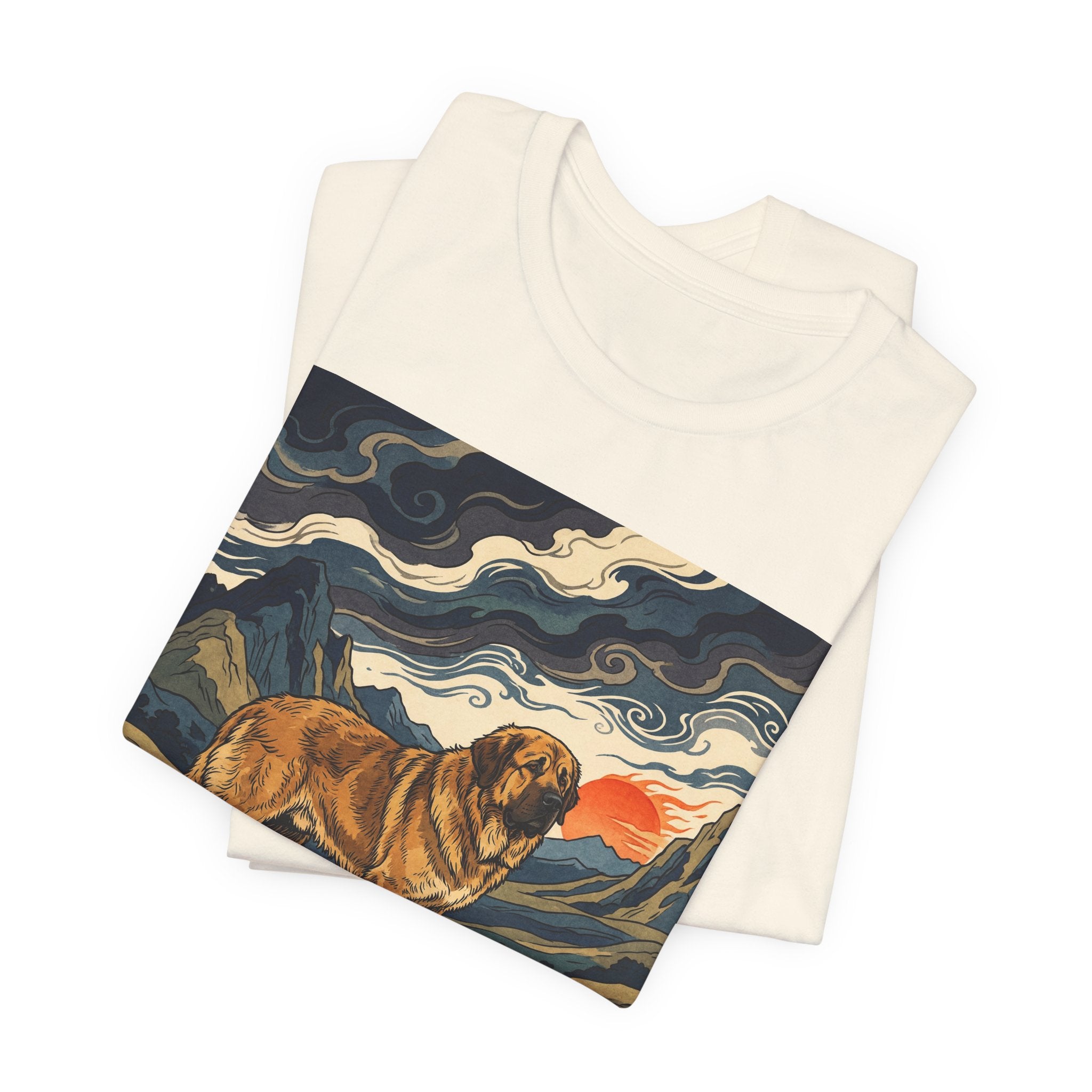Woodblock Print Spanish Mastiff T-Shirt — Mountain Sunset Swirls Art Print