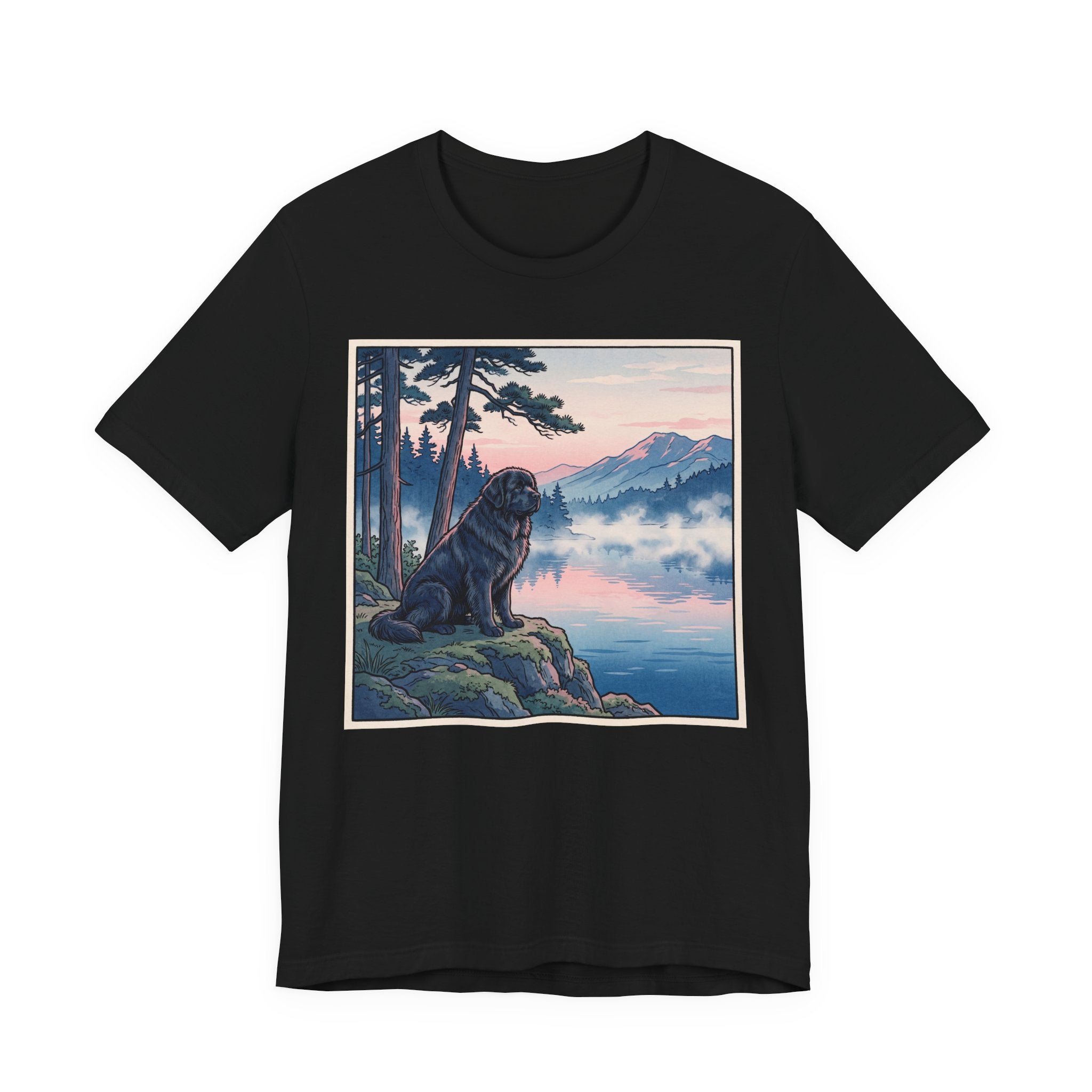 Hiroshige Style Newfoundland T-Shirt — Misty Lake Dawn Art Print