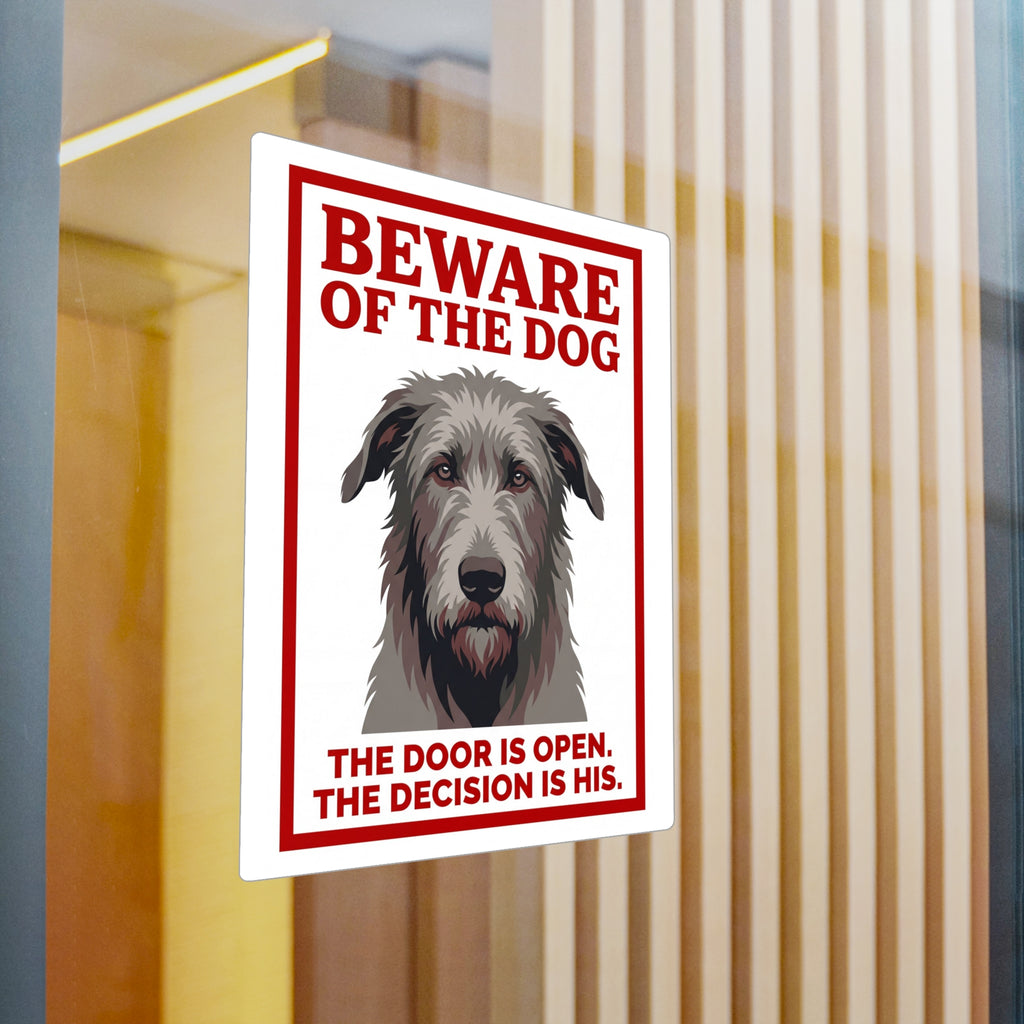 Beware of Irish Wolfhound Sign – Red Block Letter Outdoor Vinyl Decal – detail view
