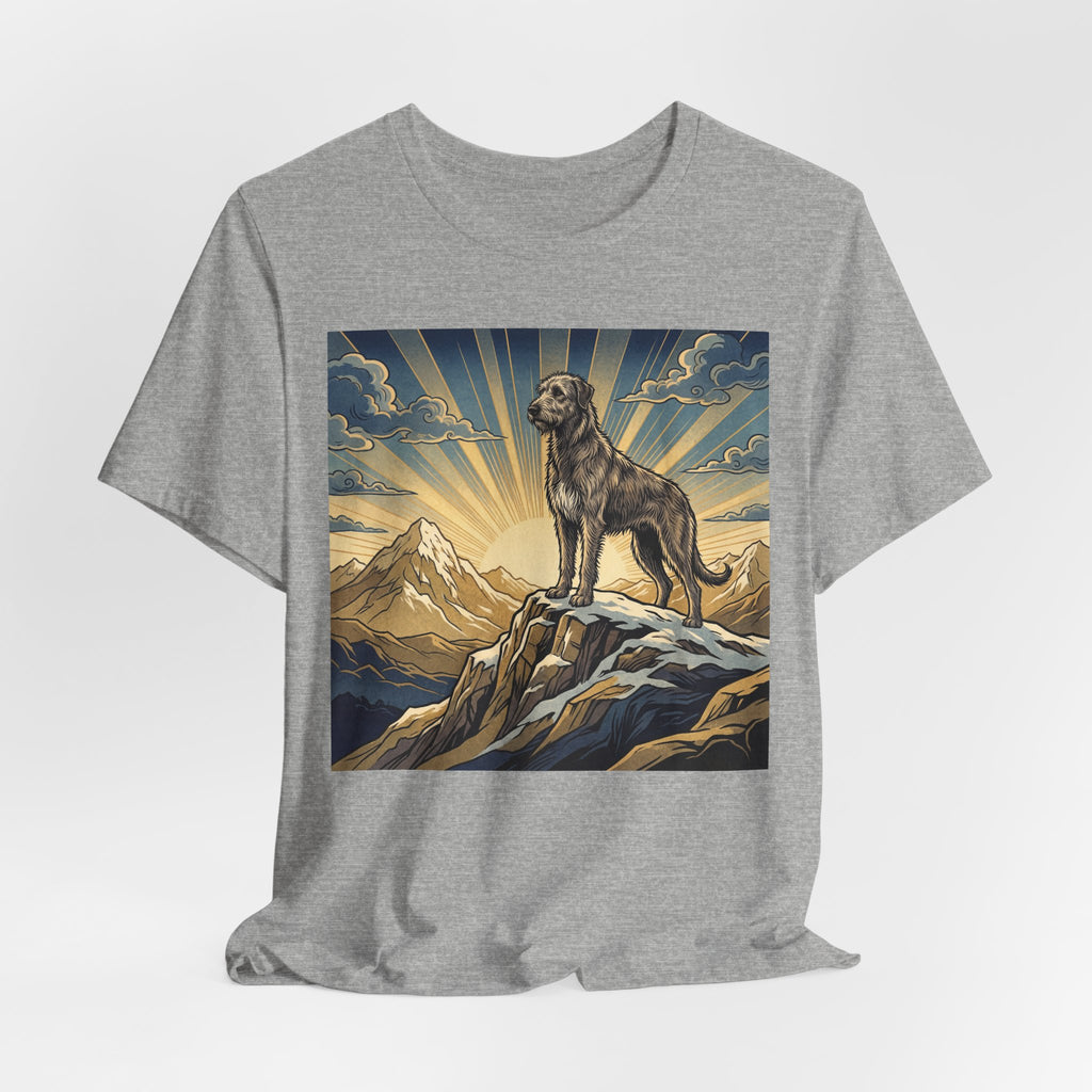 Woodcut Irish Wolfhound T-Shirt — Mountain Sunrise Rays Art Print