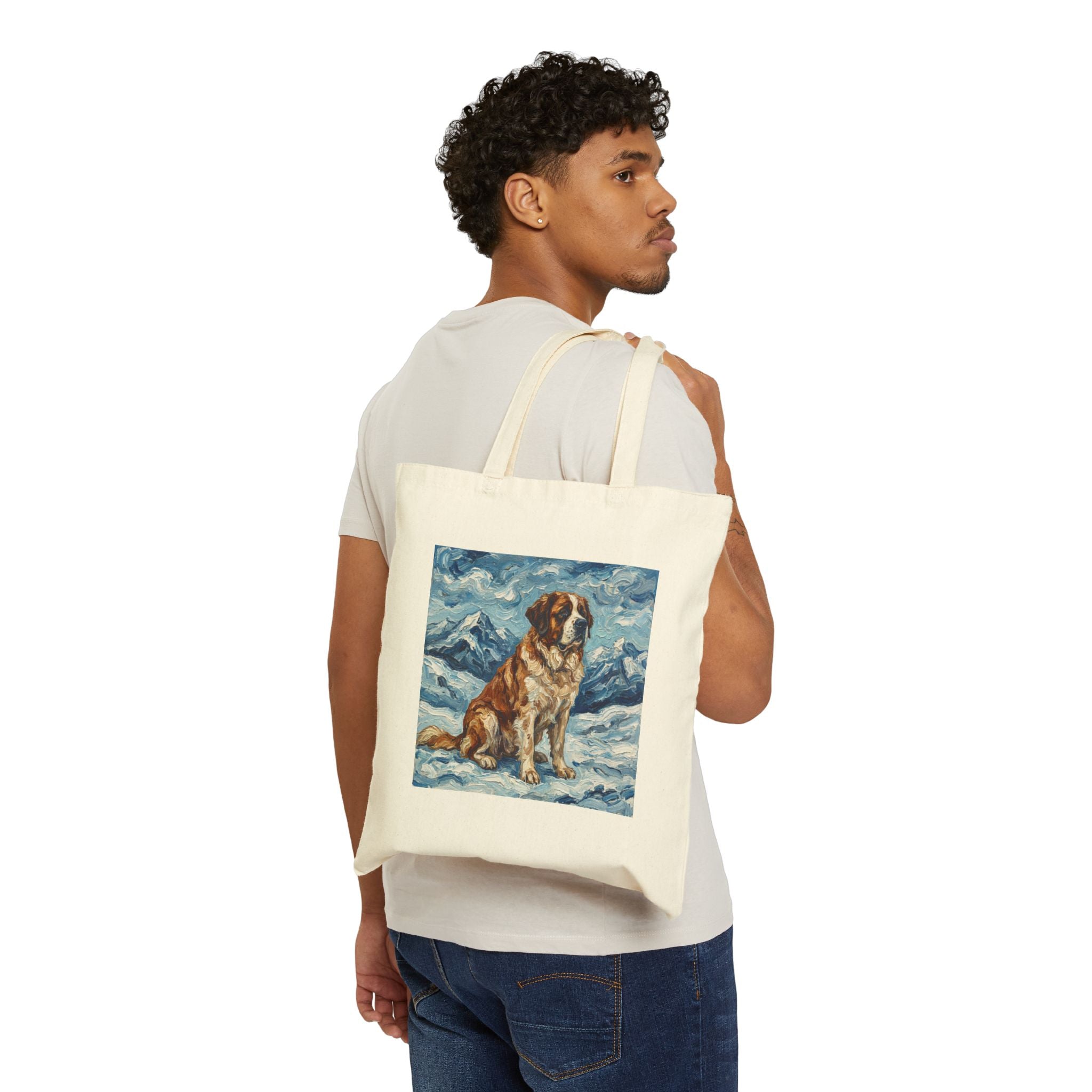 Van Gogh Style Saint Bernard Tote Bag – Alpine Snow Art Print – lifestyle view