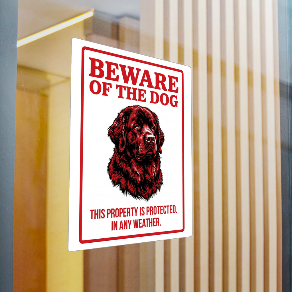 Beware of Newfoundland Sign – Red Portrait Warning Outdoor Vinyl Decal – detail view