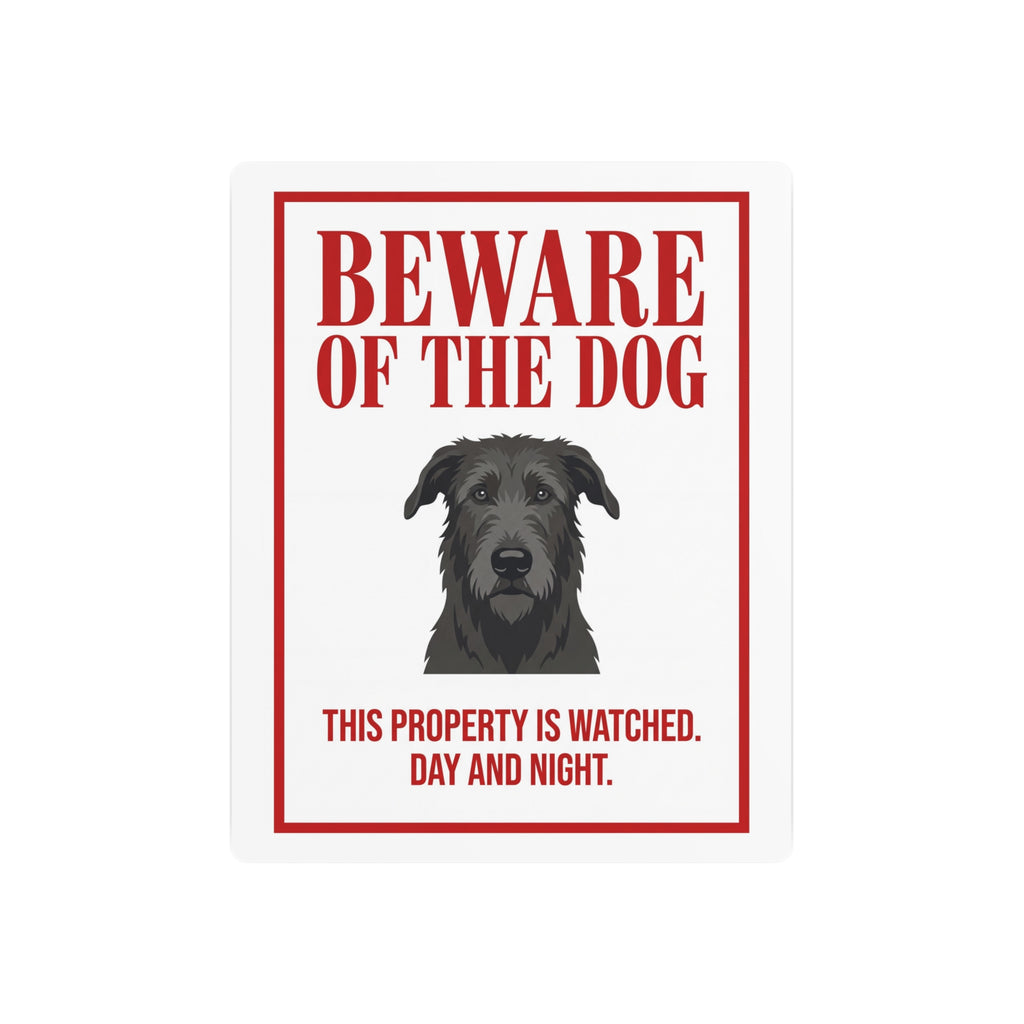Beware of Irish Wolfhound Metal Sign – Grey Wiry Portrait Aluminum Wall Sign – side view