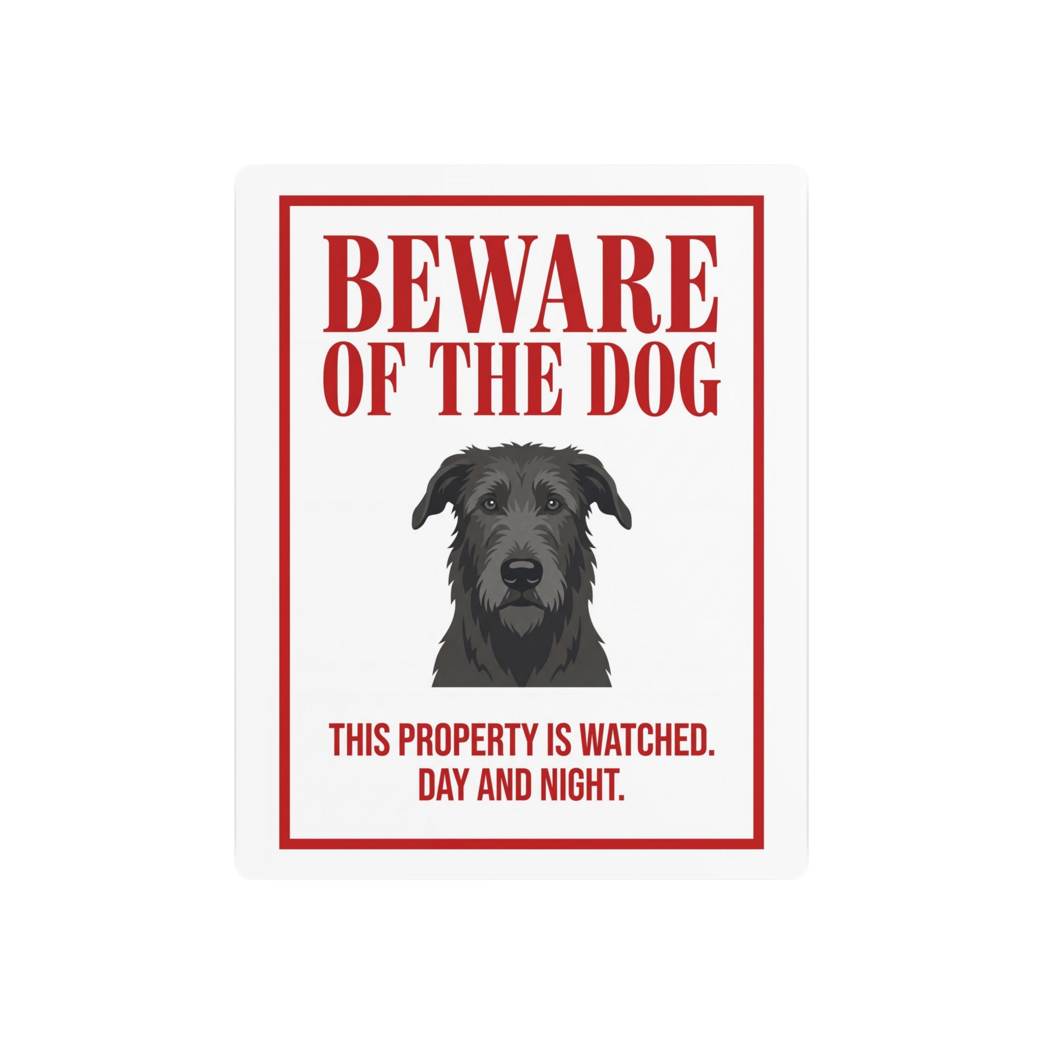 Beware of Irish Wolfhound Metal Sign – Grey Wiry Portrait Aluminum Wall Sign – side view