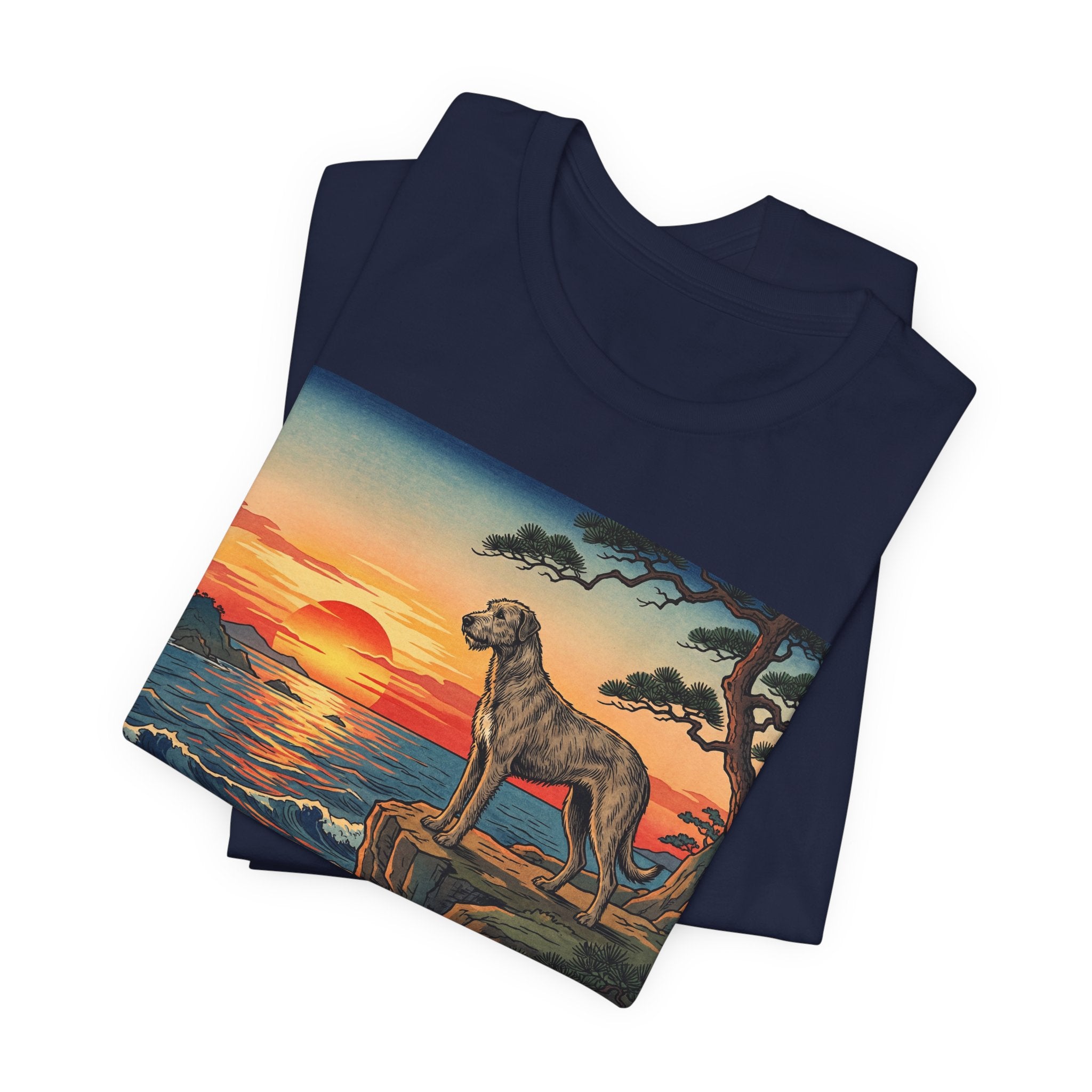 Hiroshige Style Irish Wolfhound T-Shirt — Coastal Cliff Sunset Art Print