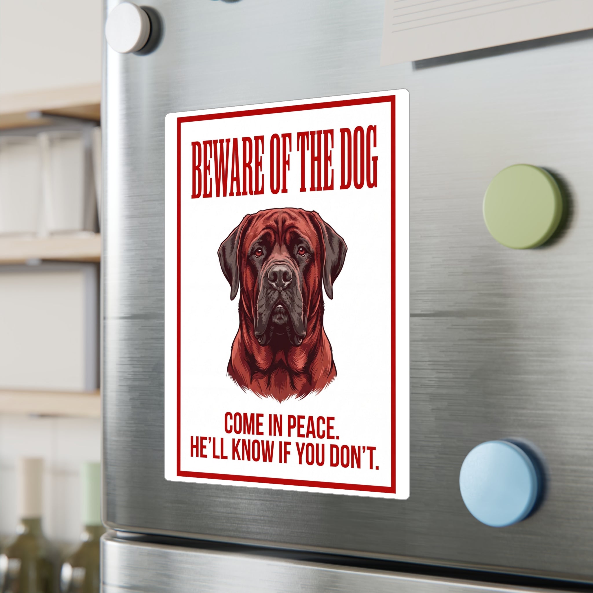 Beware of Mastiff Sign – Bold Red Portrait Outdoor Vinyl Decal – lifestyle view