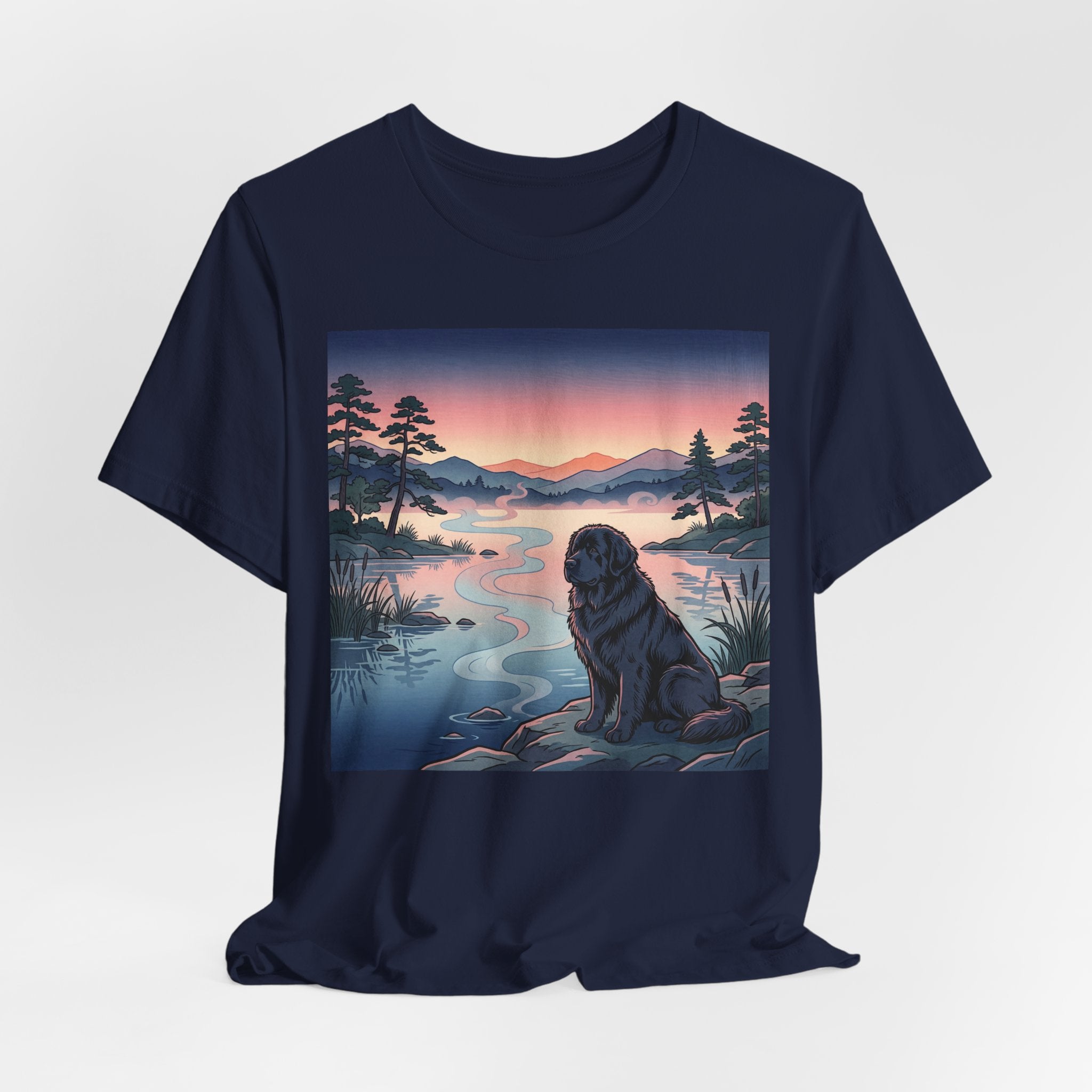 Hiroshige Style Newfoundland T-Shirt — Twilight Lake Mist Art Print