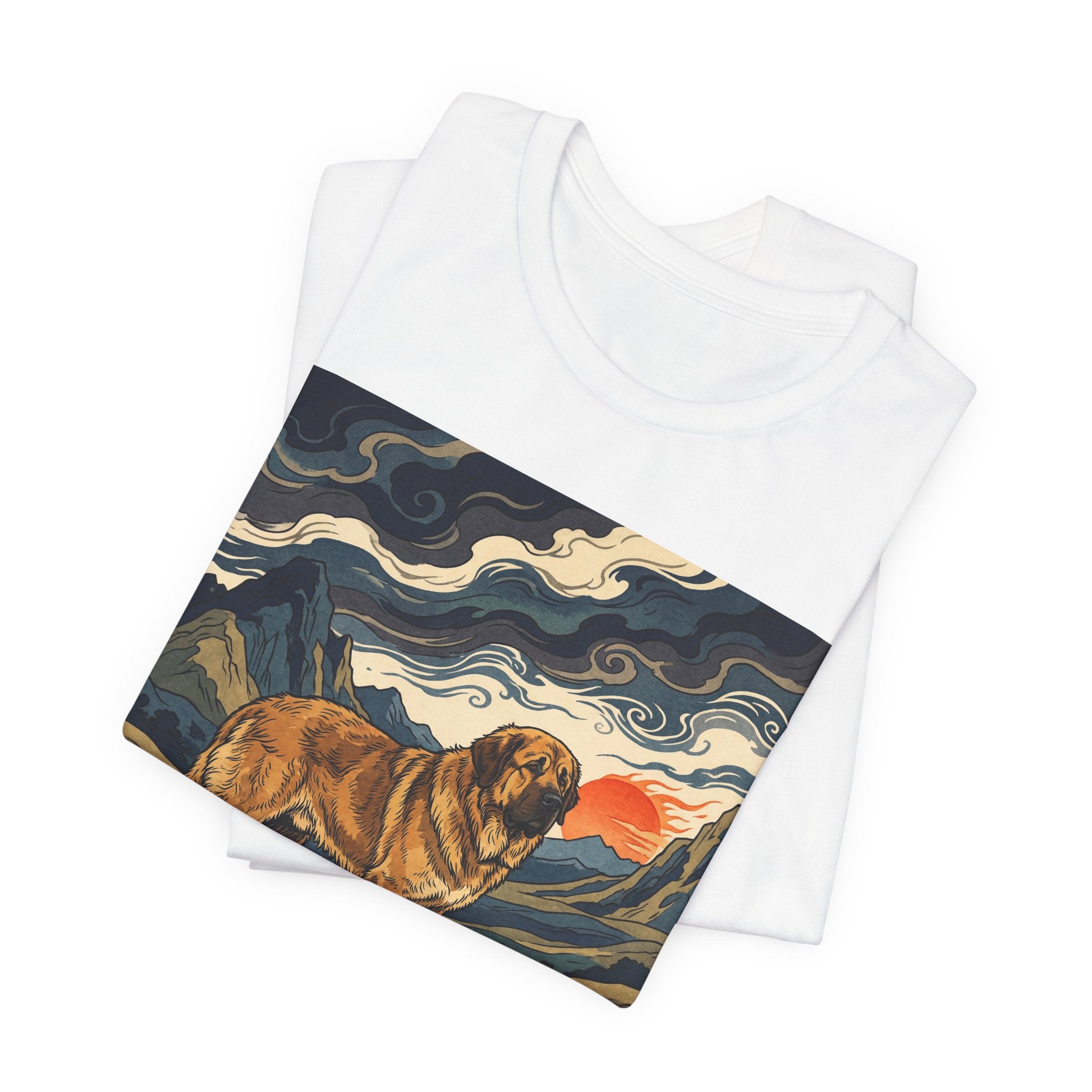 Woodblock Print Spanish Mastiff T-Shirt — Mountain Sunset Swirls Art Print