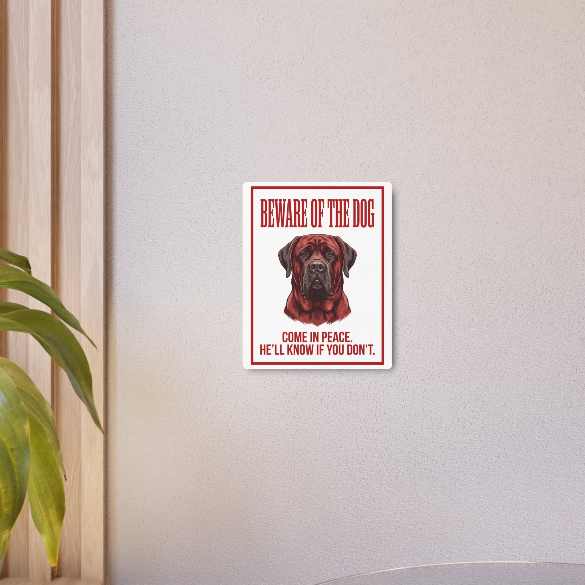 Beware of Mastiff Metal Sign – Red Portrait Aluminum Wall Sign – alternate view