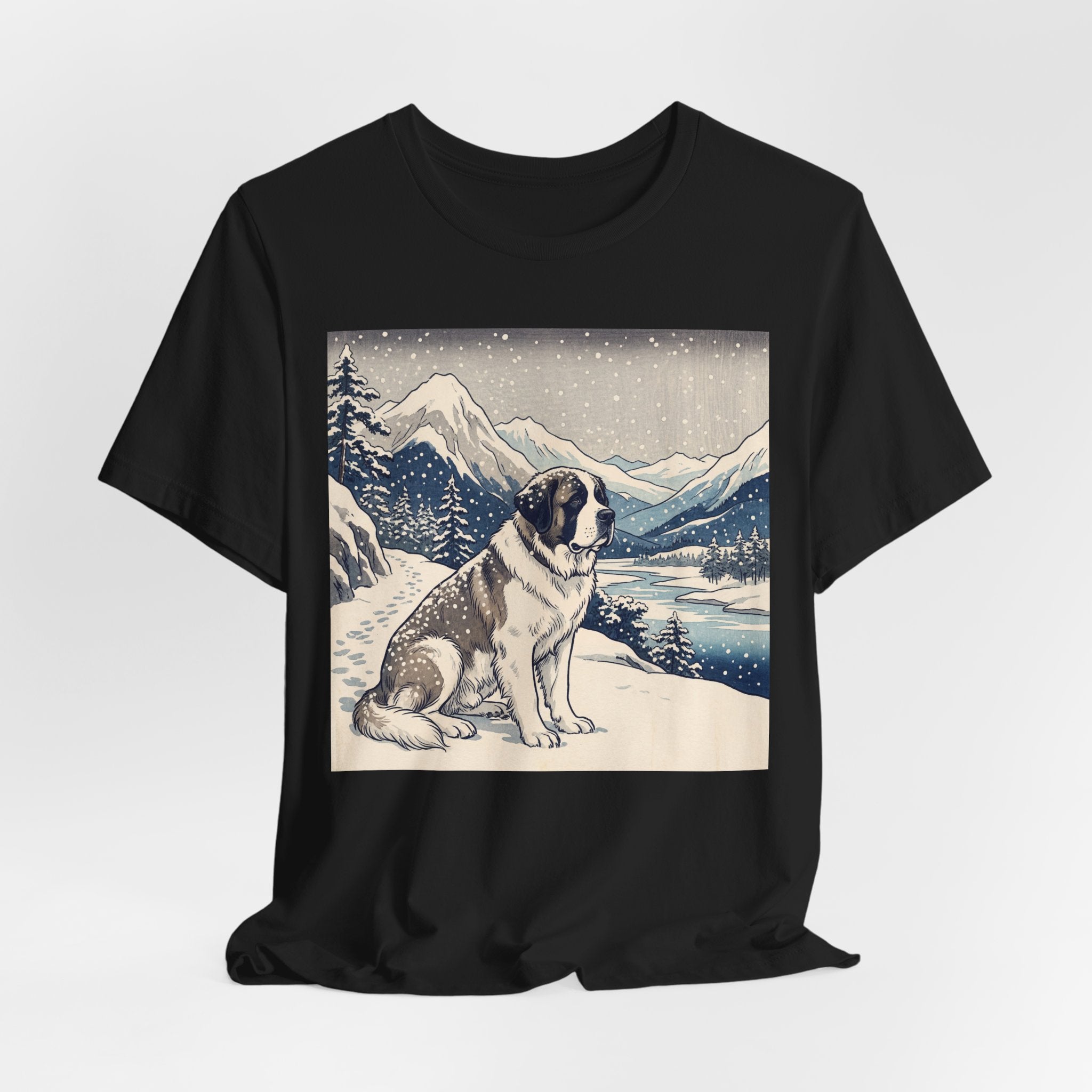 Hiroshige Style Saint Bernard T-Shirt — Snowy Mountain Blue Art Print