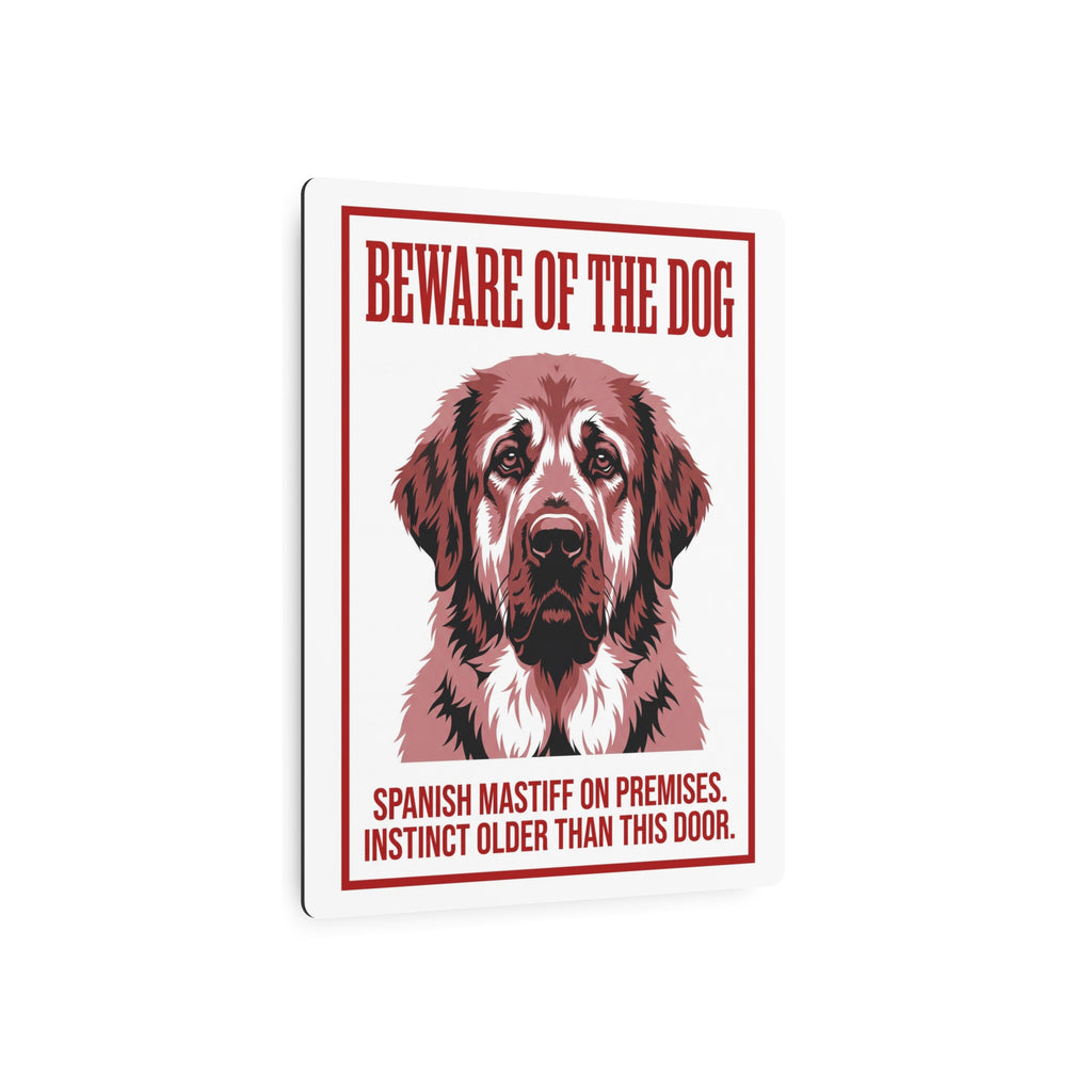 Beware of Spanish Mastiff Metal Sign – Red Portrait Aluminum Wall Sign – lifestyle view
