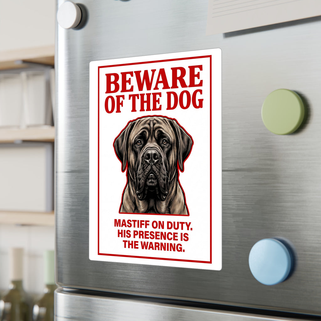 Beware of Mastiff Sign – Red Bold Warning Outdoor Vinyl Decal – lifestyle view