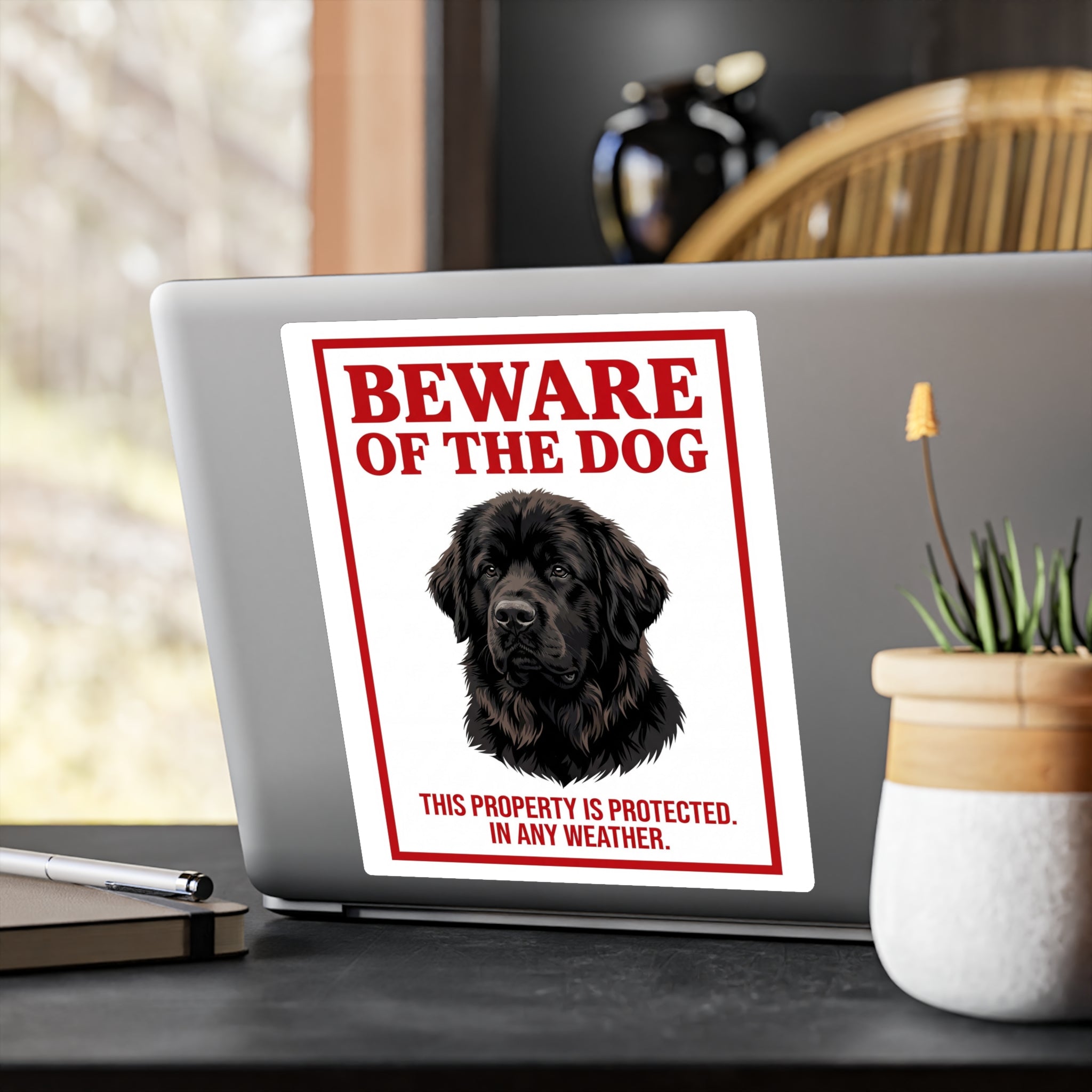 Beware of Newfoundland Sign – Bold Red Portrait Outdoor Vinyl Decal – alternate view