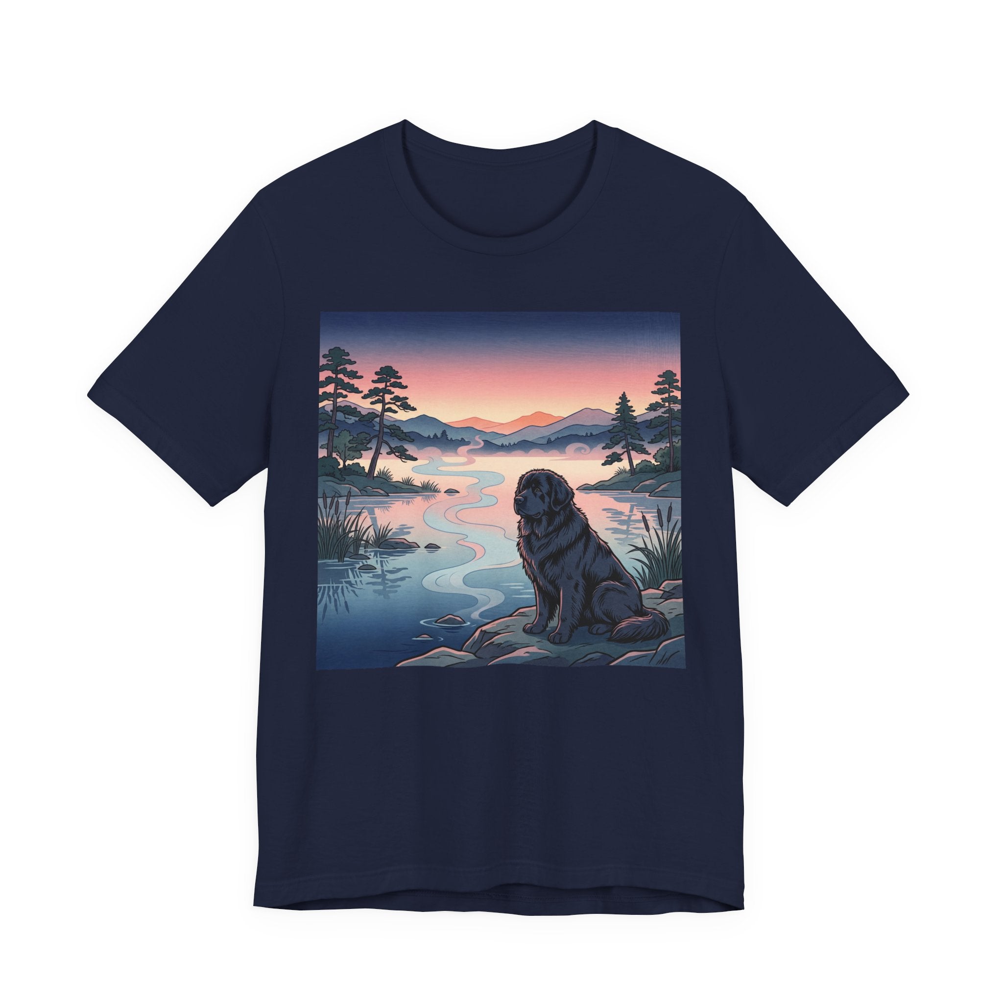 Hiroshige Style Newfoundland T-Shirt — Twilight Lake Mist Art Print
