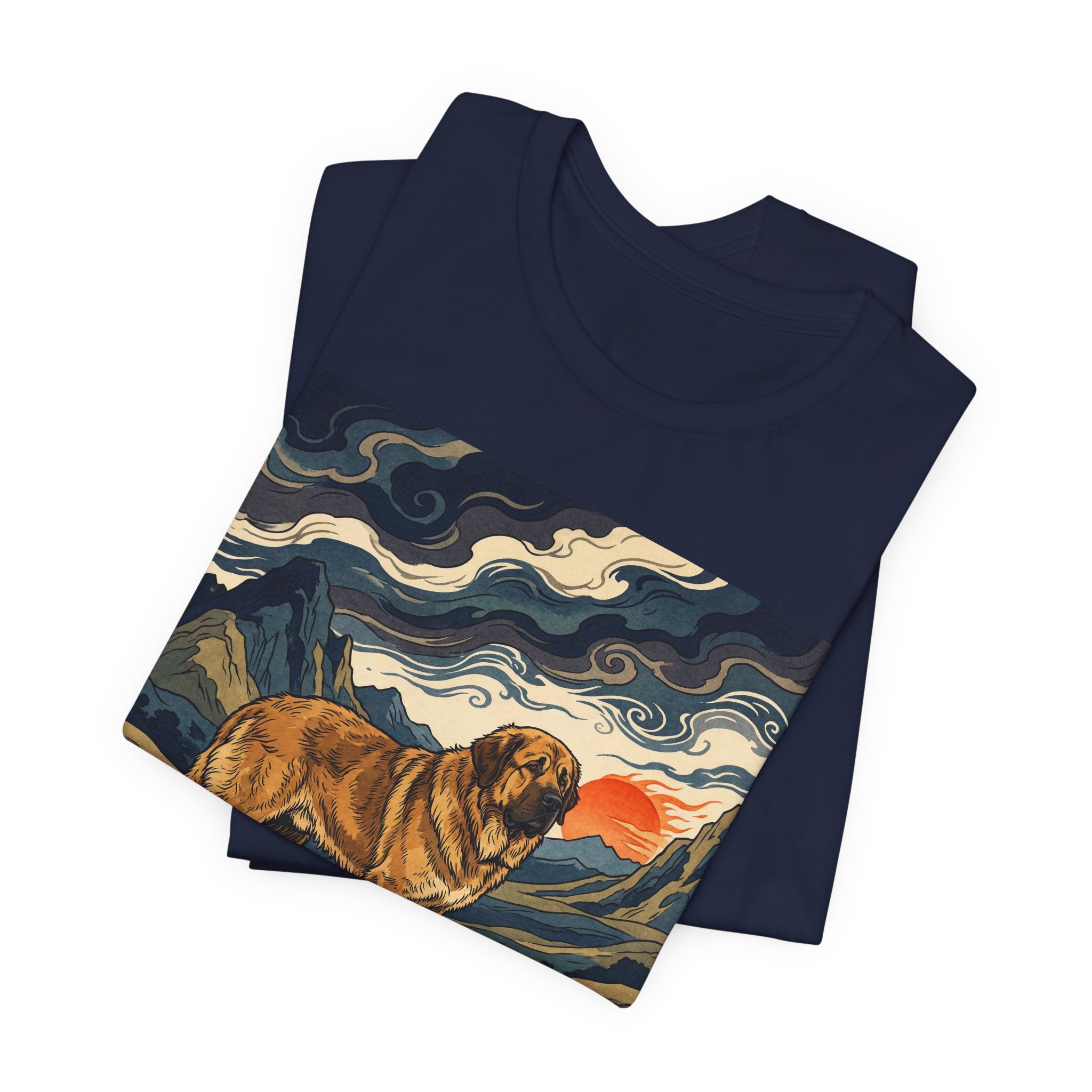 Woodblock Print Spanish Mastiff T-Shirt — Mountain Sunset Swirls Art Print