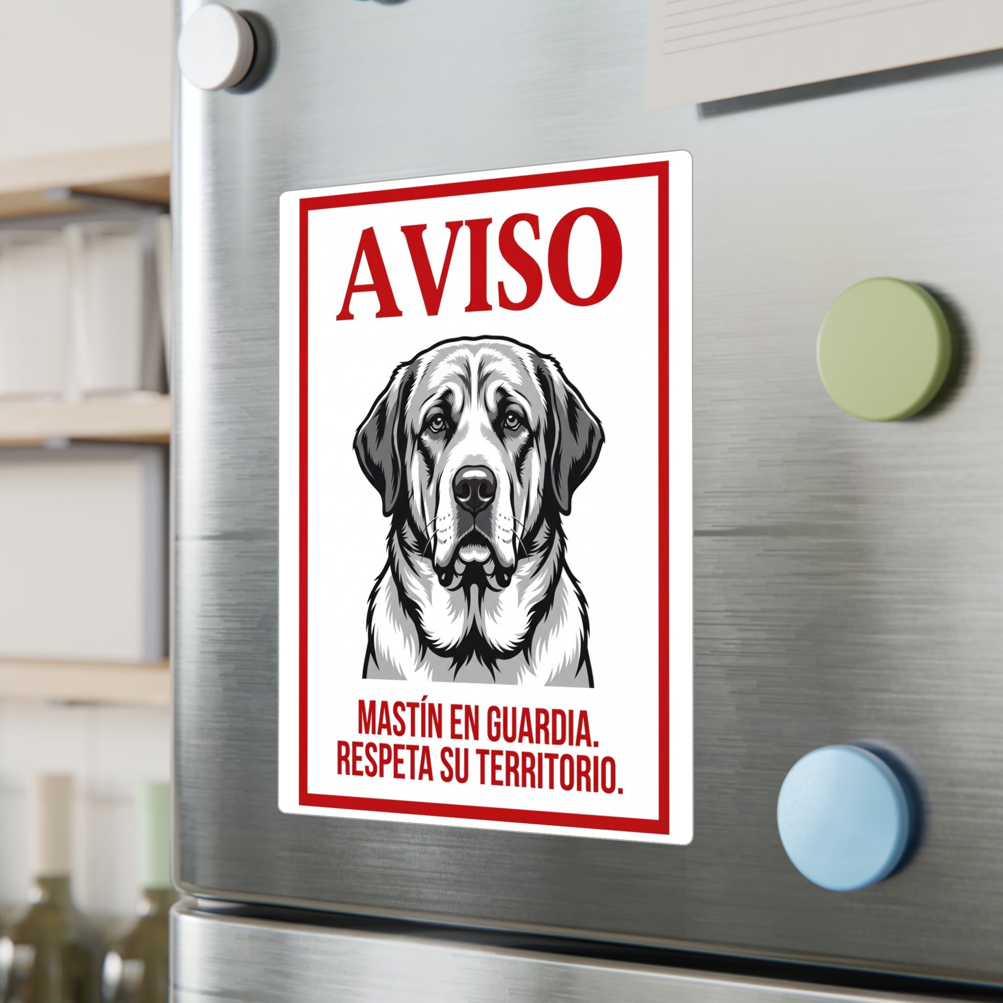 Beware of Spanish Mastiff Sign – Red Border Warning Outdoor Vinyl Decal – lifestyle view
