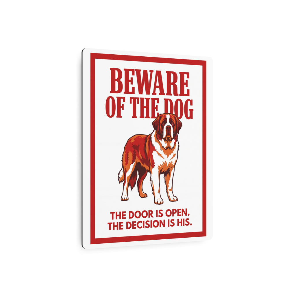Beware of Saint Bernard Metal Sign – Full Body Red Aluminum Wall Sign – lifestyle view