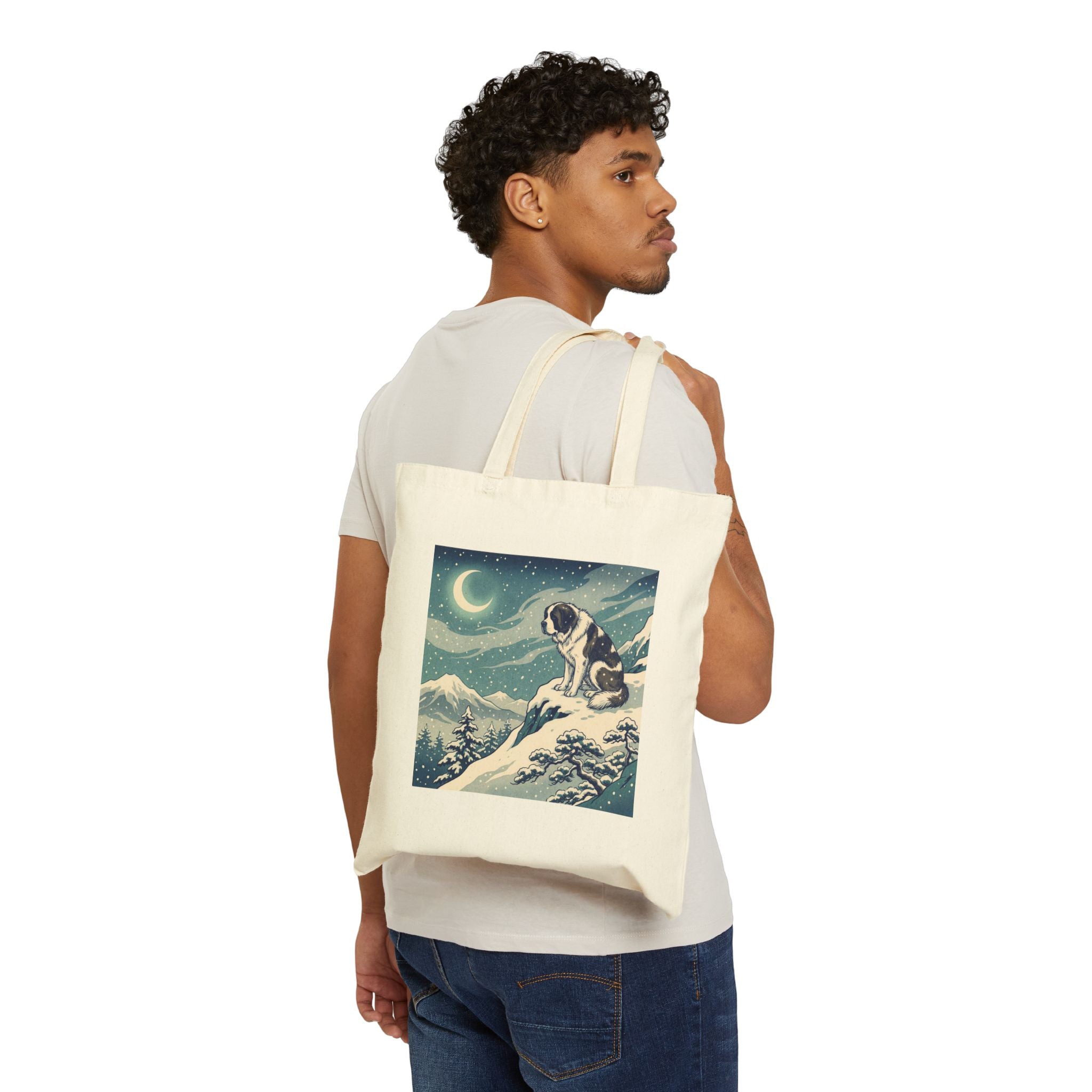 Hiroshige-Style Saint Bernard Tote Bag – Crescent Moon Snow Art Print – lifestyle view