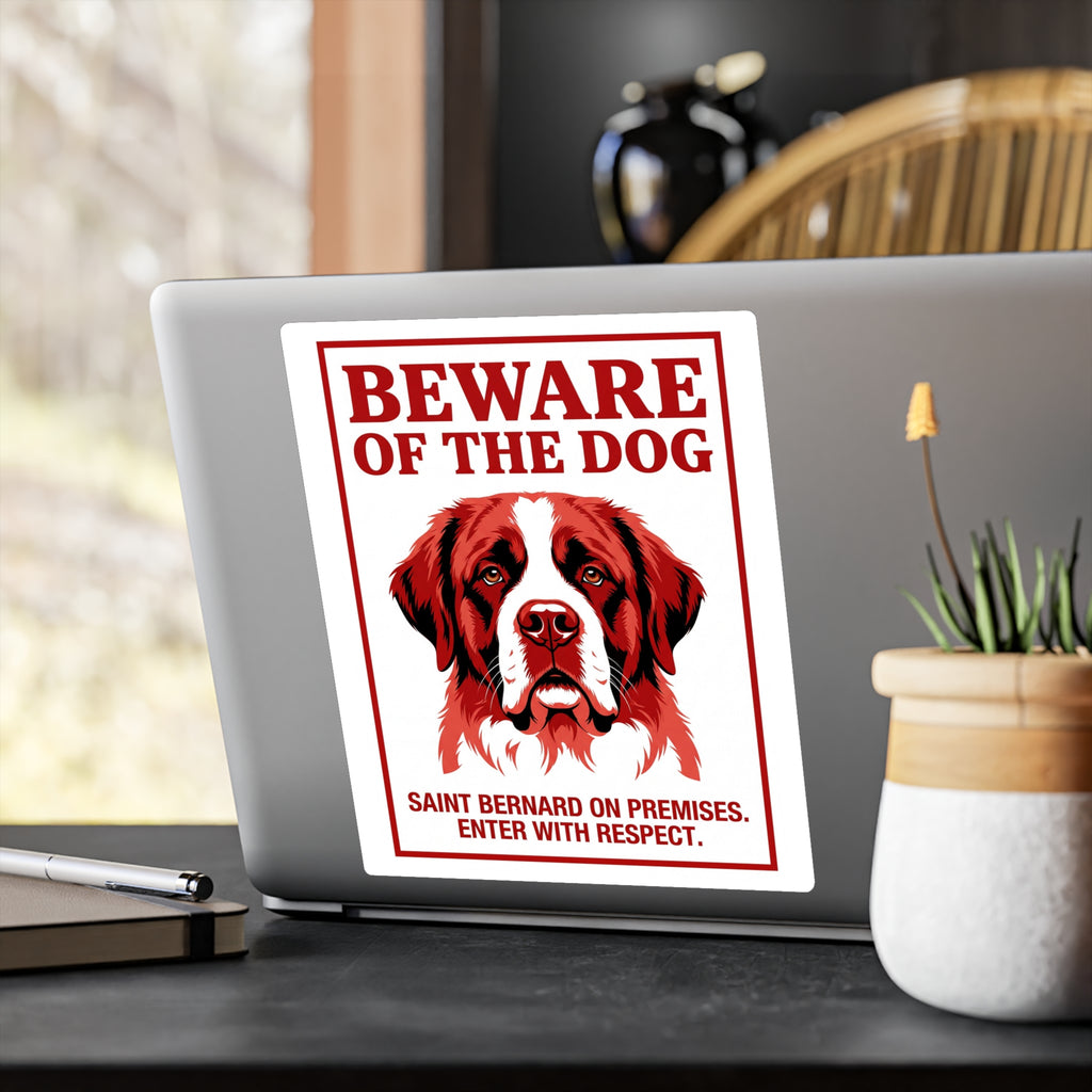 Beware of Saint Bernard Sign – Red & White Portrait Outdoor Vinyl Decal – alternate view