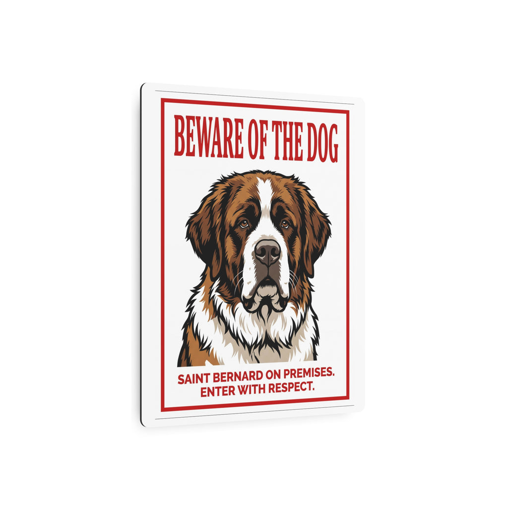 Beware of Saint Bernard Metal Sign – Red Border Portrait Aluminum Wall Sign – lifestyle view