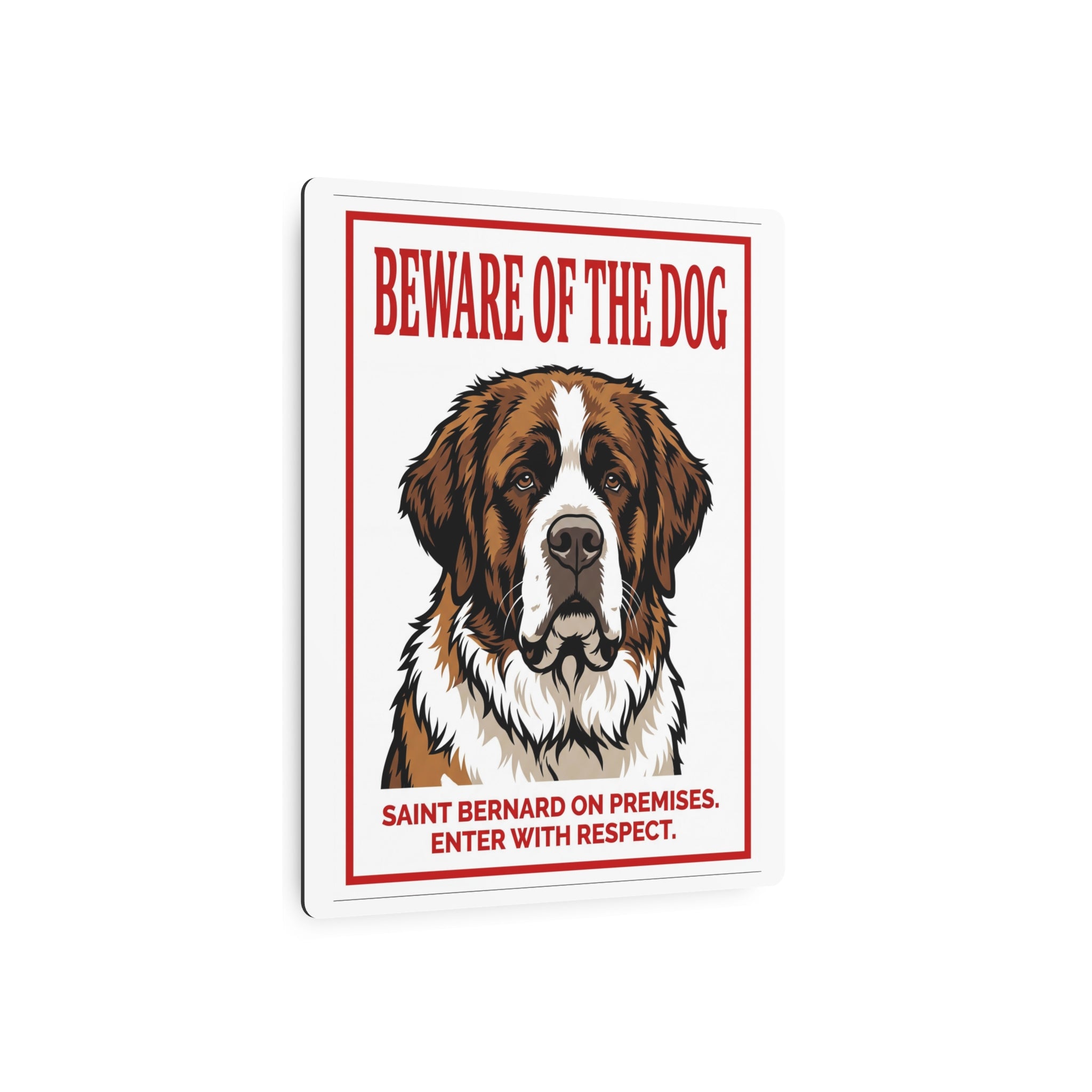 Beware of Saint Bernard Metal Sign – Red Border Portrait Aluminum Wall Sign – lifestyle view