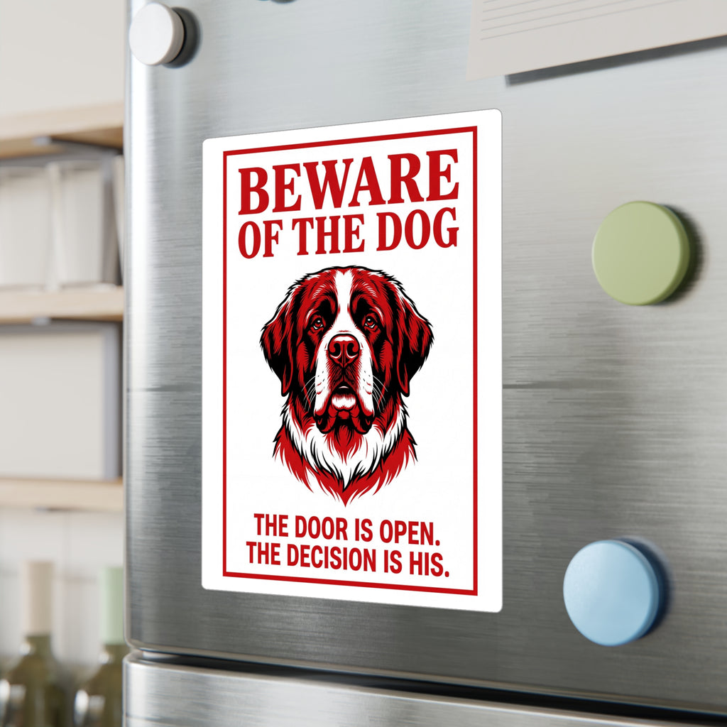 Beware of Saint Bernard Sign – Red & White Portrait Outdoor Vinyl Decal – lifestyle view