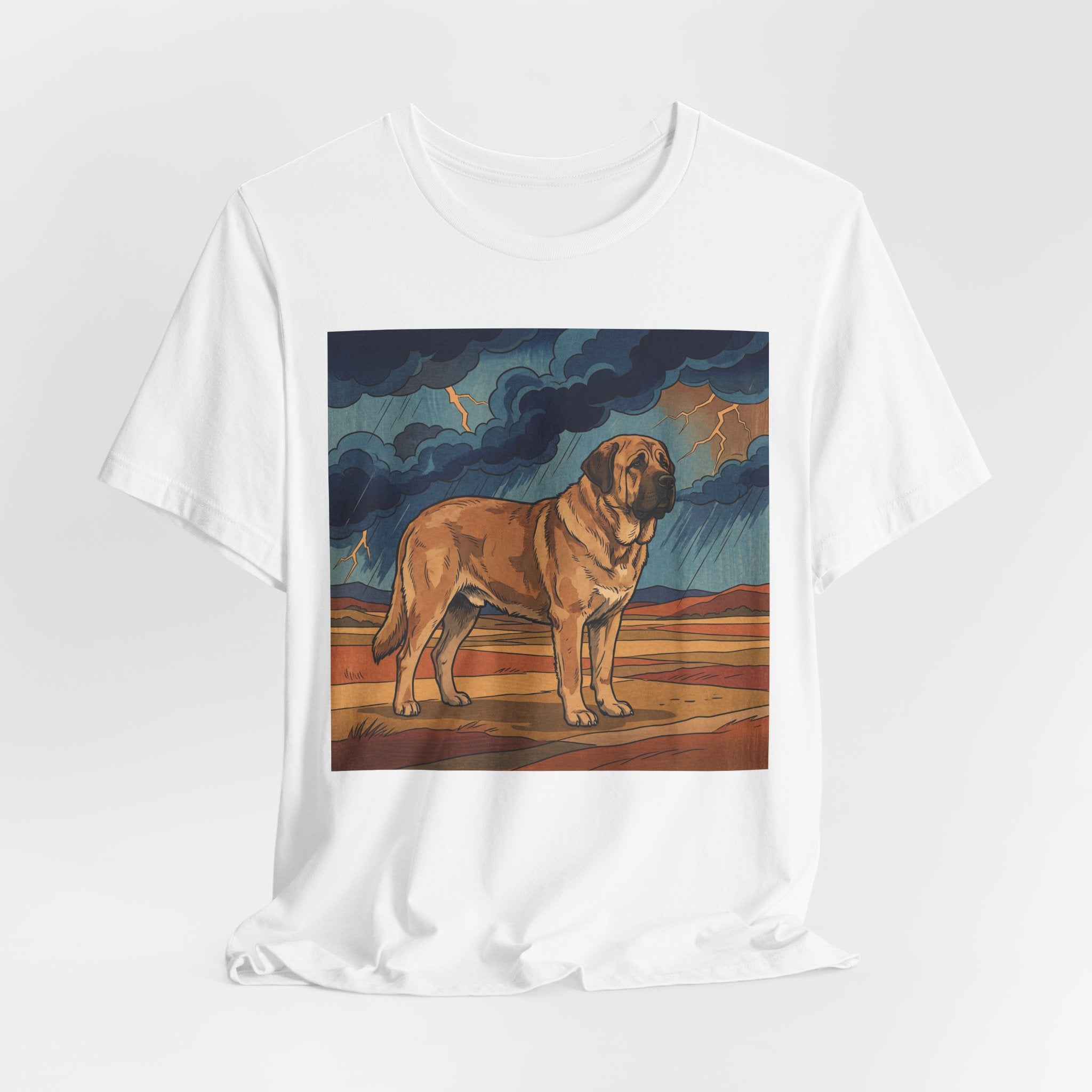 Woodblock Print Spanish Mastiff T-Shirt — Desert Storm Lightning Art Print